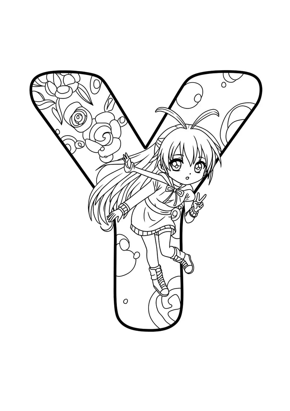 Letter Y with anime eyes, chibi characters, and manga effects in line art.