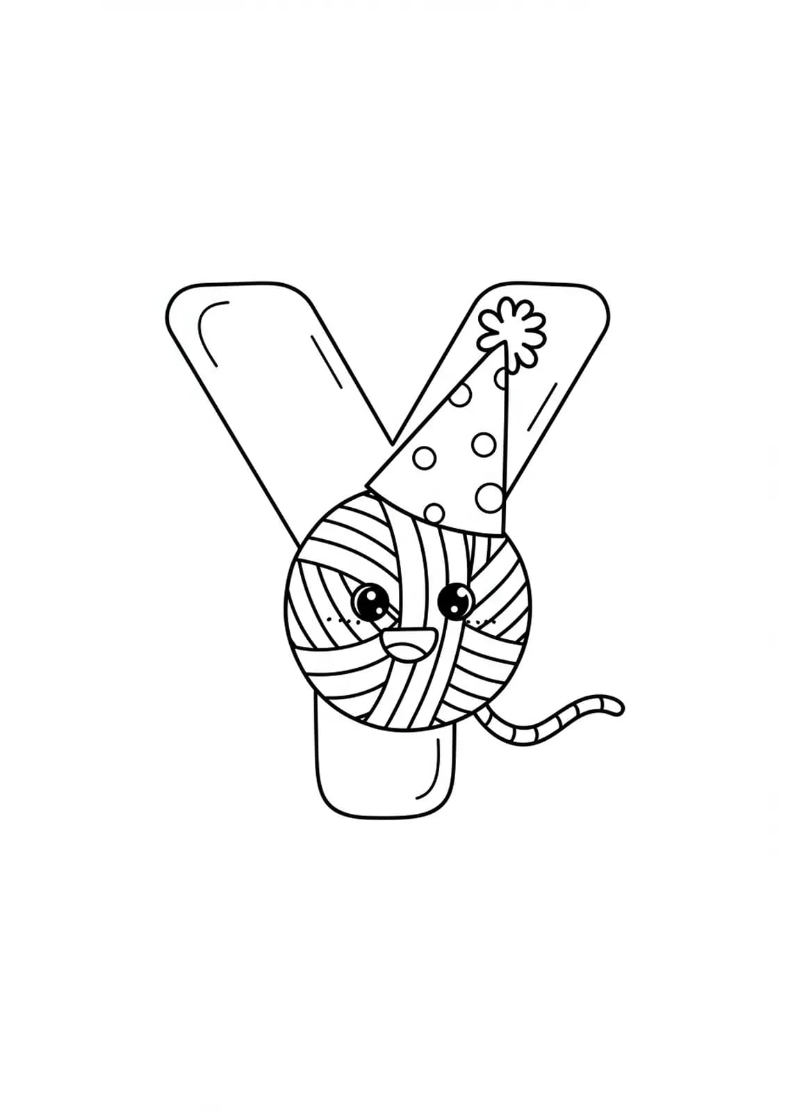 Large letter Y with a yarn ball wearing a party hat, simple outlines for easy coloring.