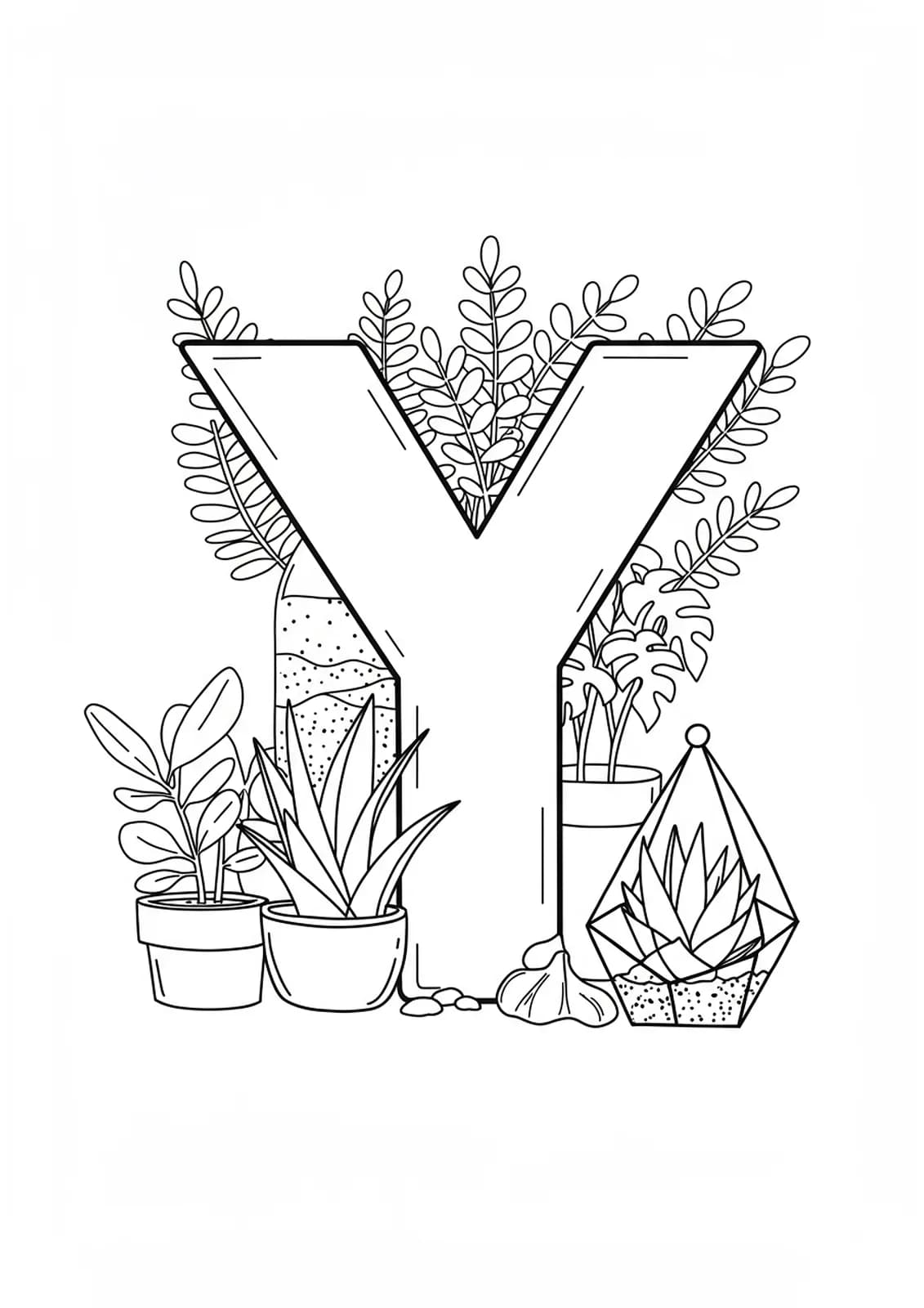 Large letter Y with basic terrarium and plant outlines.
