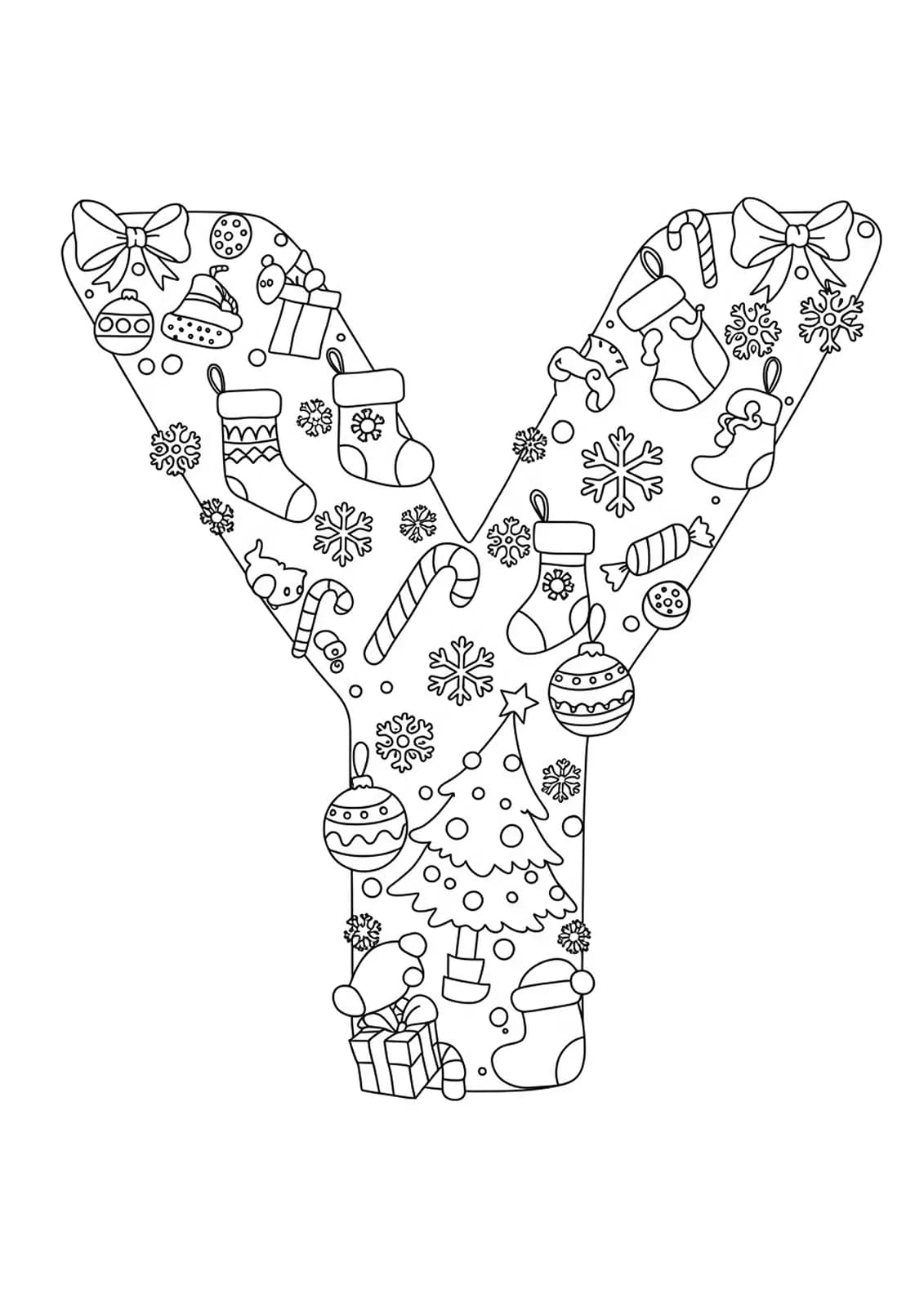 Intricate black and white letter Y decorated with Christmas ornaments, stockings, and a tree for preschool coloring