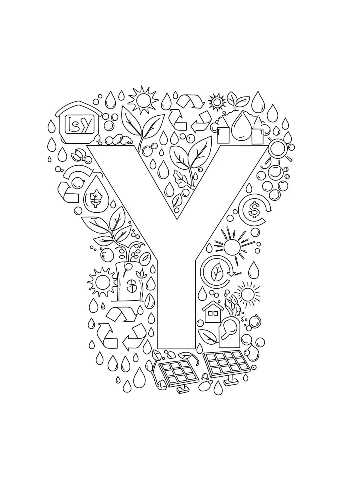 Letter Y surrounded by recycling symbols, leaves, solar panels, and water drops.