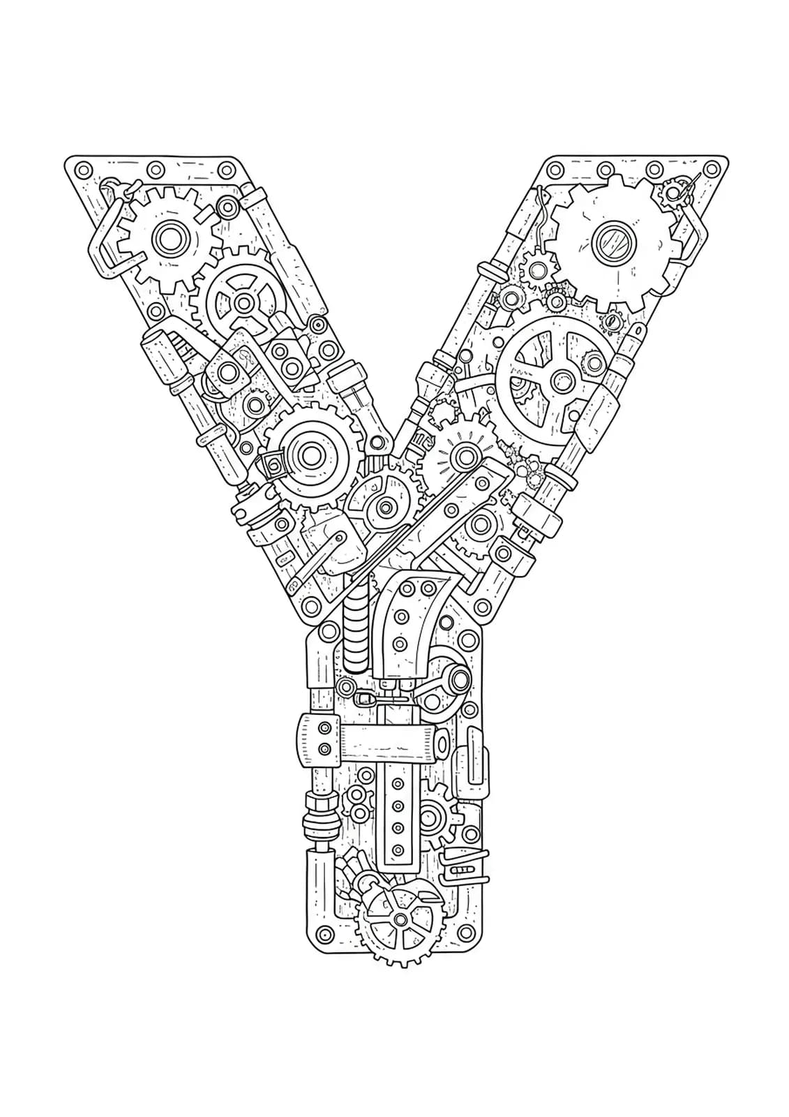 Letter Y formed from intricate steampunk gears and machinery in black and white line art.