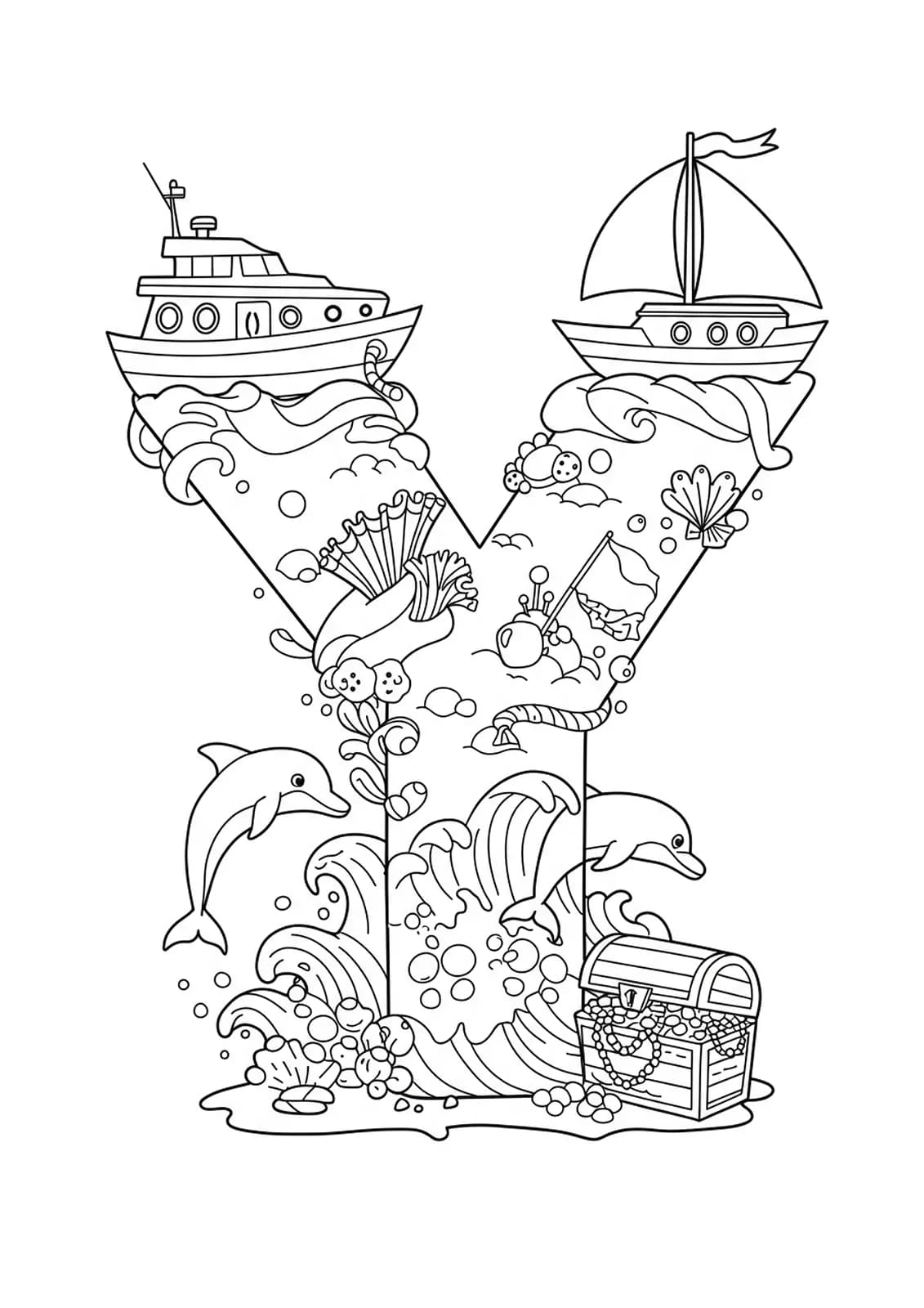 Large letter Y with fantasy yachts, dolphins, and treasure chest on the sea.