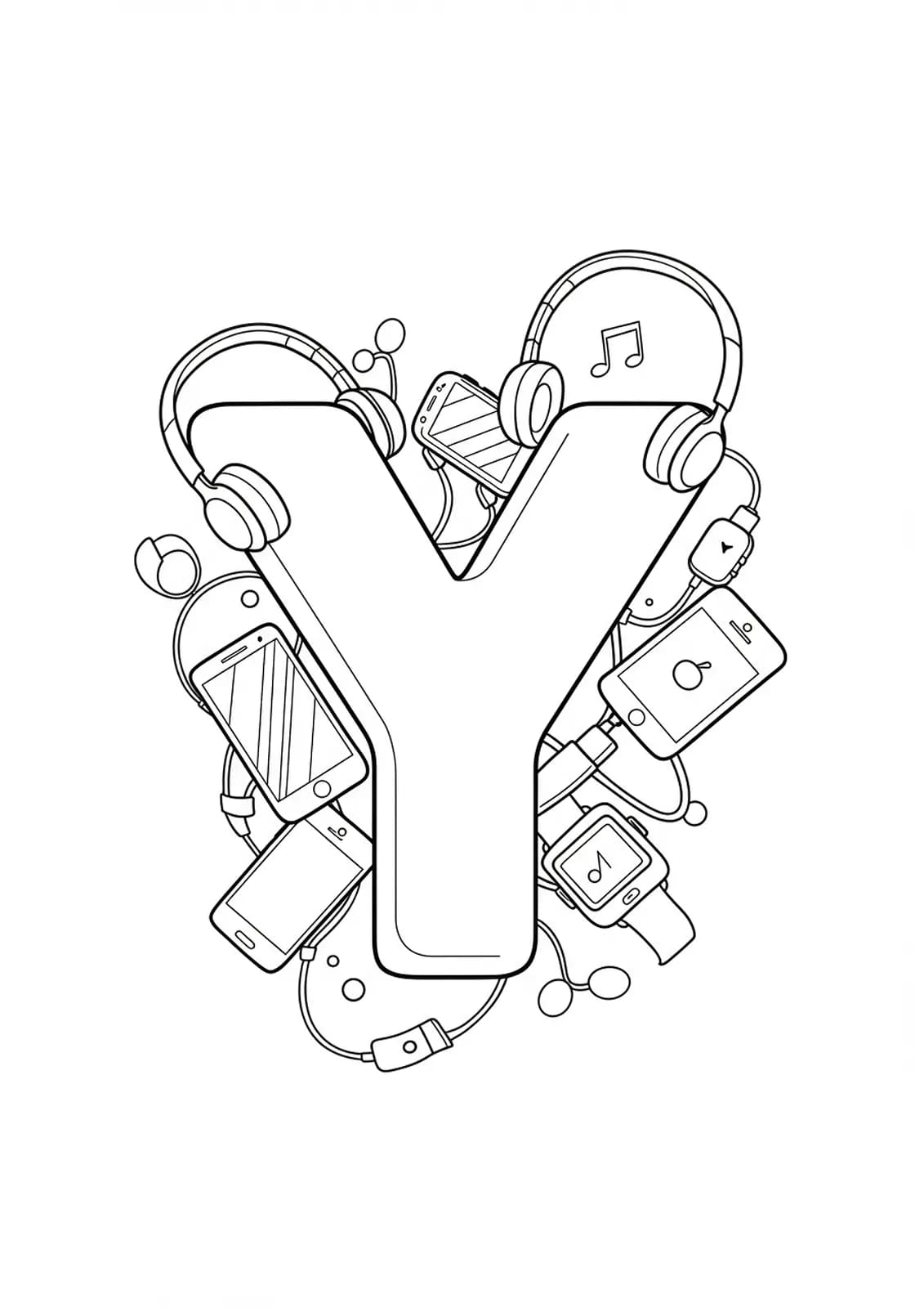 Coloring page with a large letter Y and simple outlines of tech gadgets.