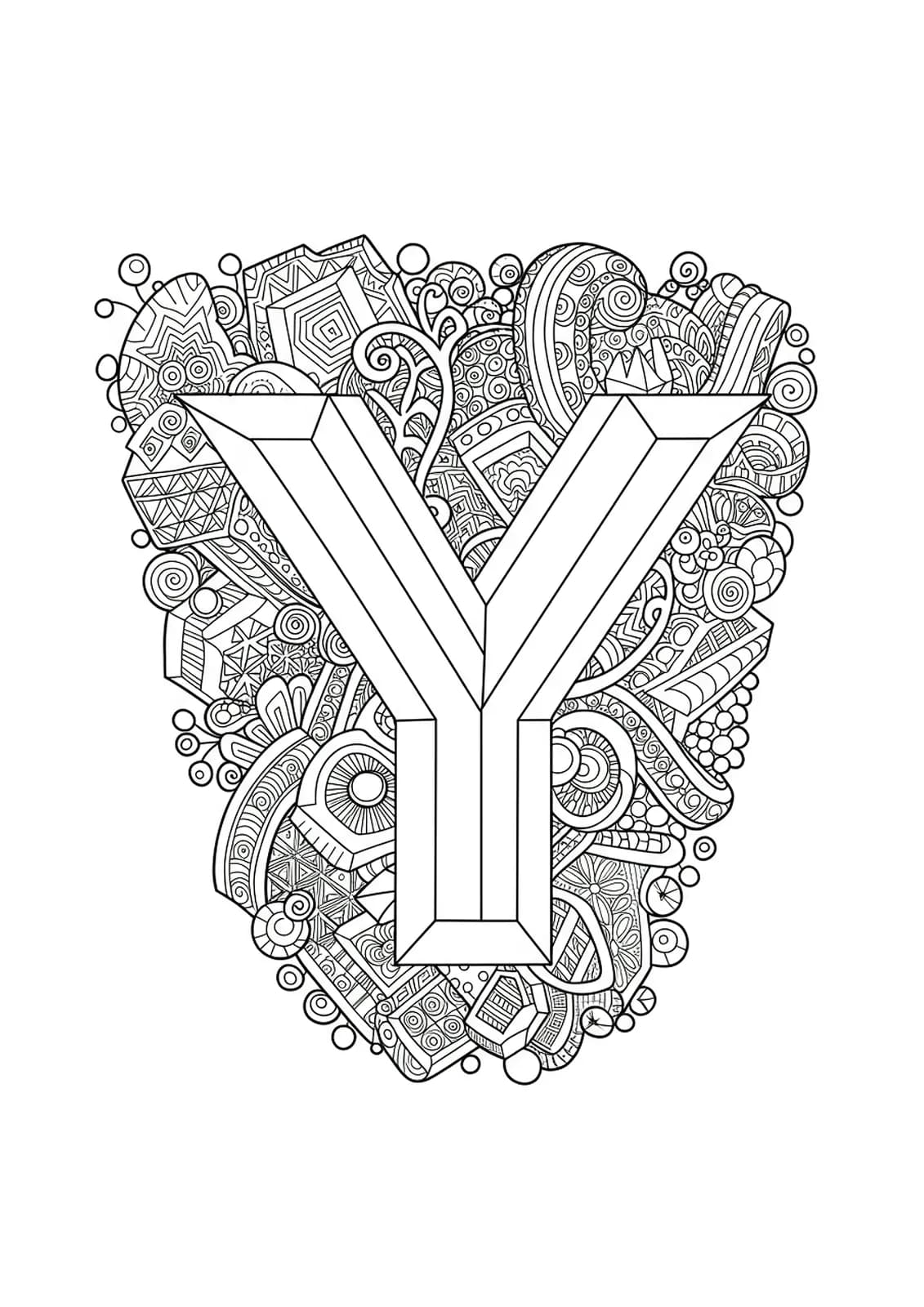 Letter Y intertwined with intricate optical illusion and impossible geometric patterns, highly detailed lines.