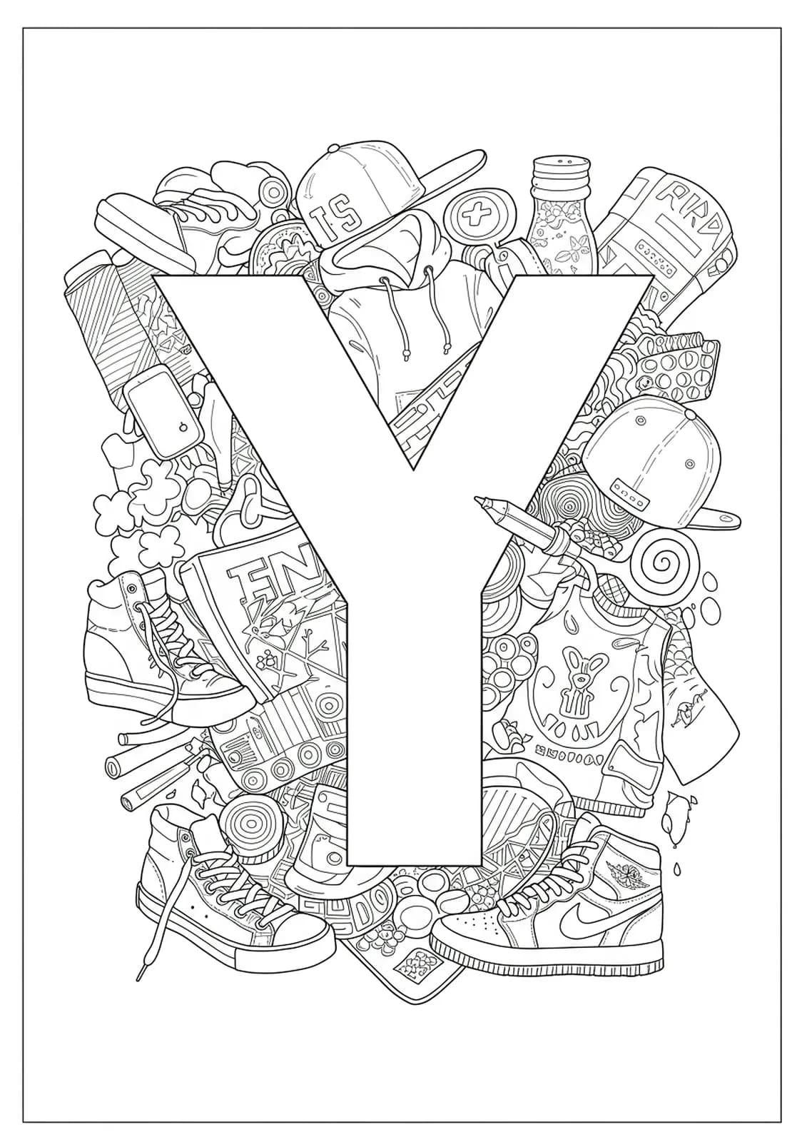 Letter Y encircled by streetwear items like sneakers, hoodies, caps, and geometric patterns.