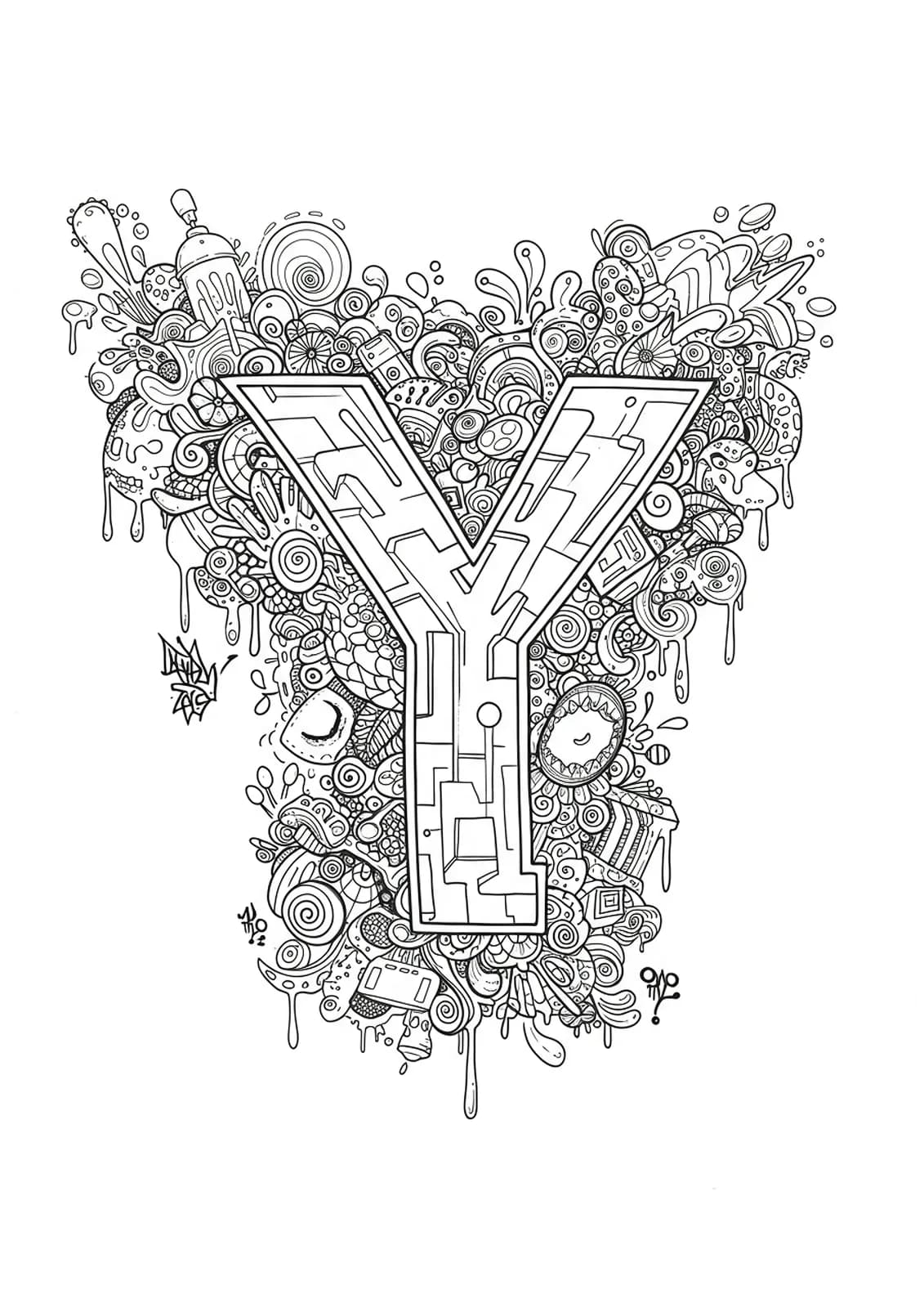 Intricate letter Y surrounded by urban graffiti, complex patterns, and detailed street art doodles.
