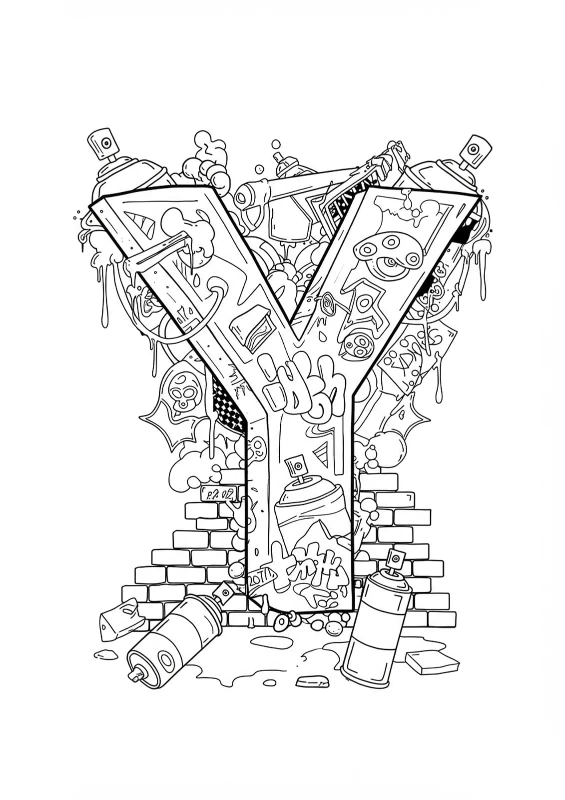Letter Y in bold black outline, surrounded by graffiti patterns and urban art symbols.