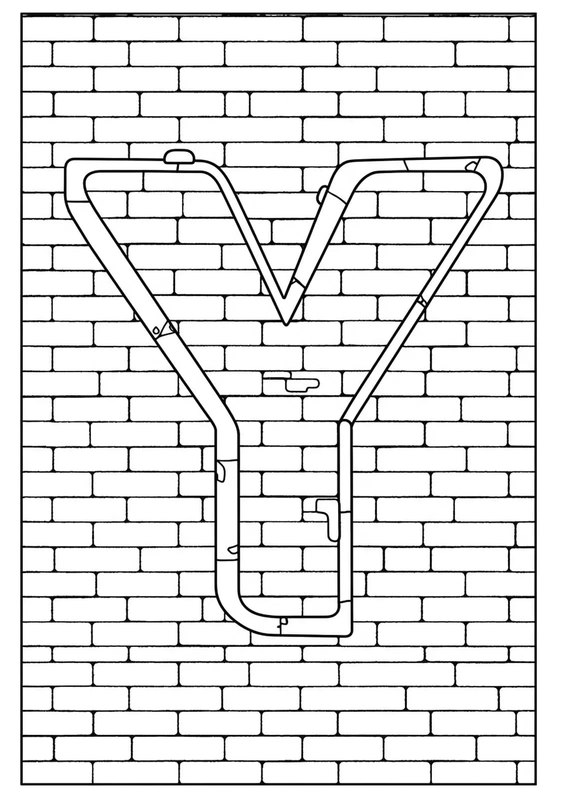 Simple coloring page of a large letter Y with graffiti and brick wall elements.