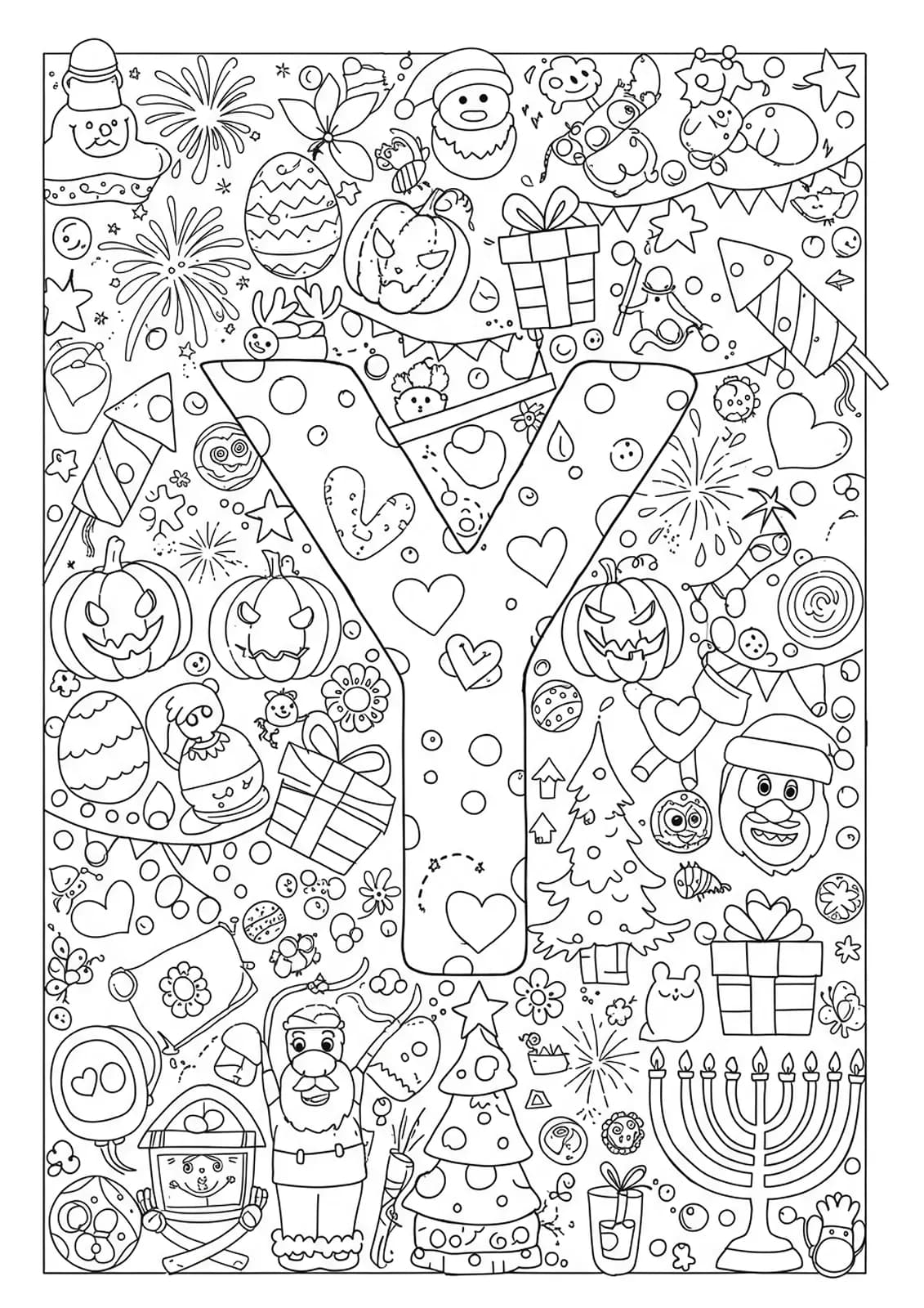 A detailed coloring page of the letter Y with symbols from various holidays, including fireworks, eggs, pumpkins, and trees.