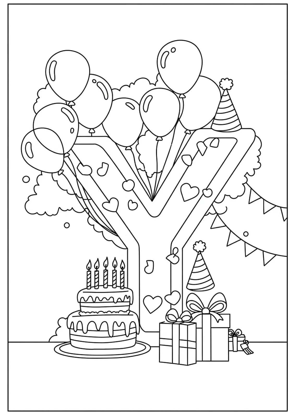 Large letter Y with balloons, cake, presents, and party hats.