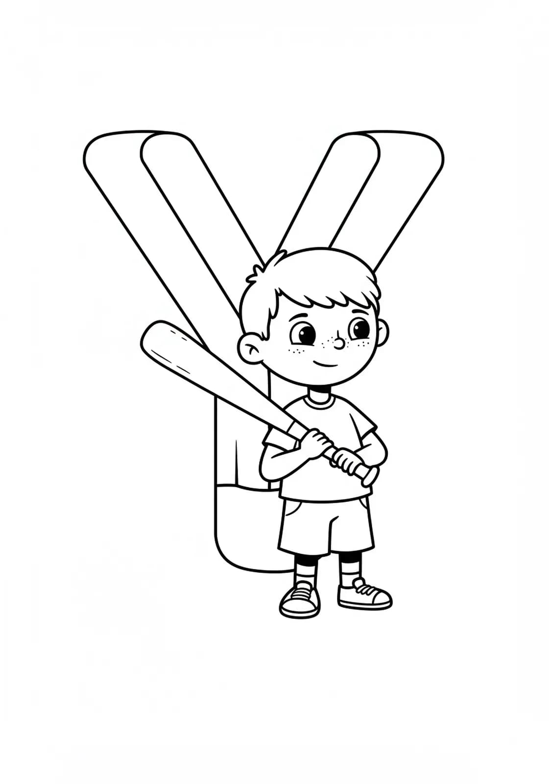 Large letter Y beside a child holding a baseball bat, easy lines for young children.