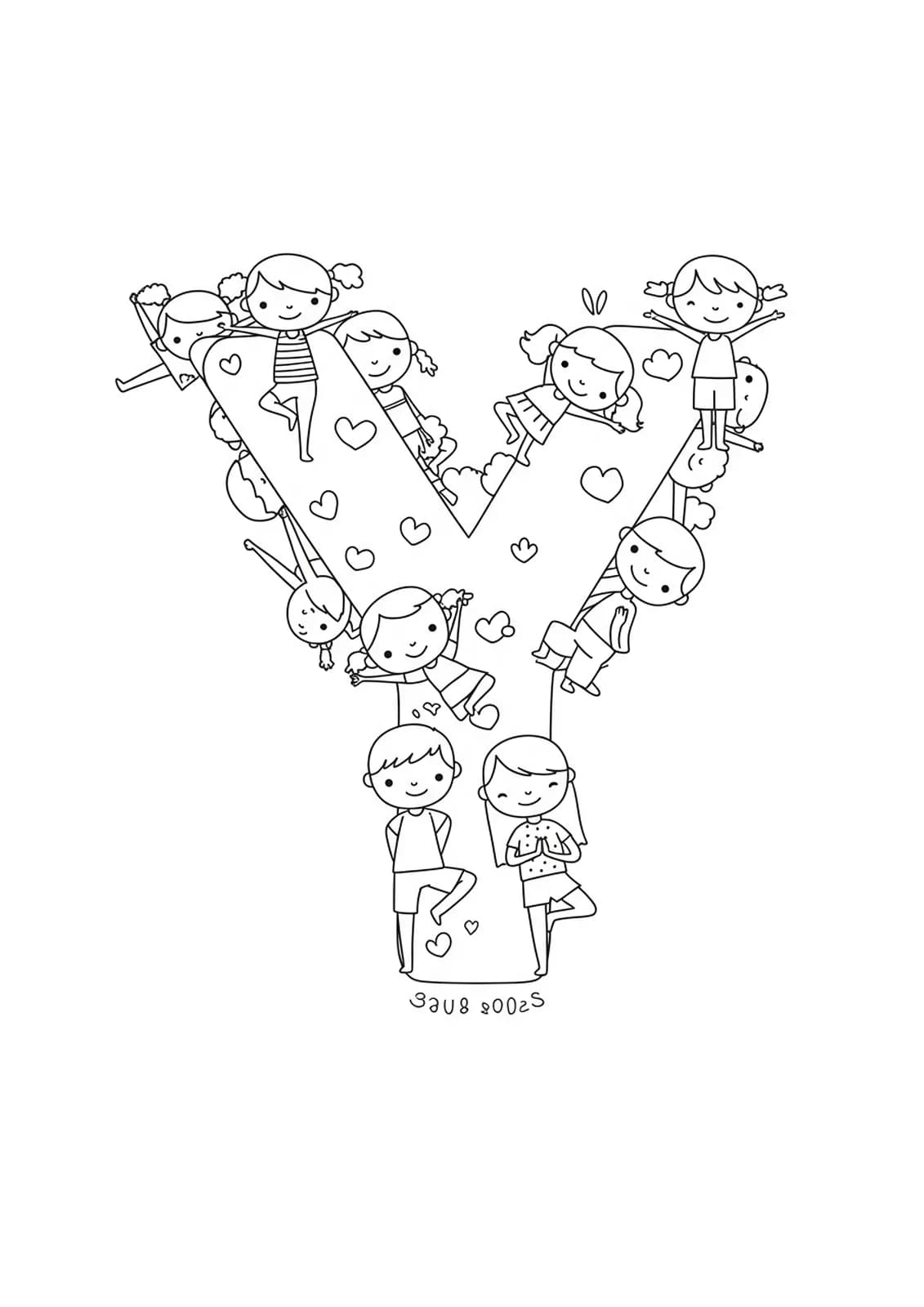 Letter Y coloring page with children doing yoga poses like tree and cobra around the letter.