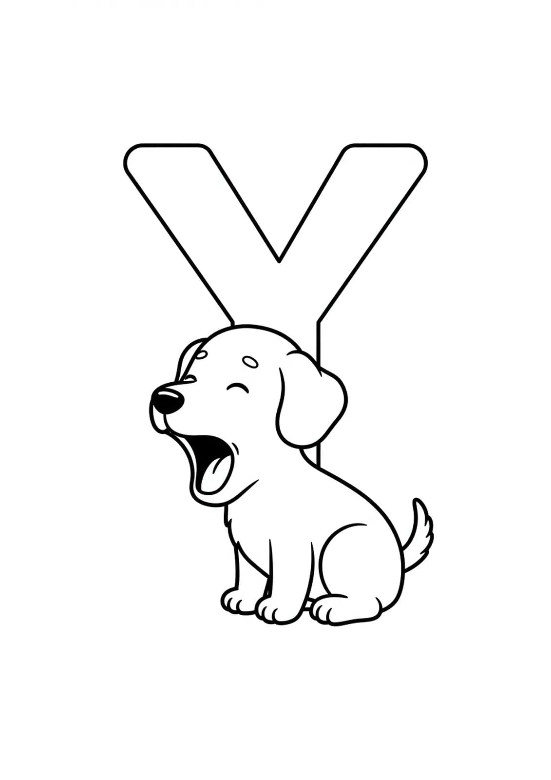 Large letter Y with a simple cartoon puppy yawning, easy outlines for coloring.
