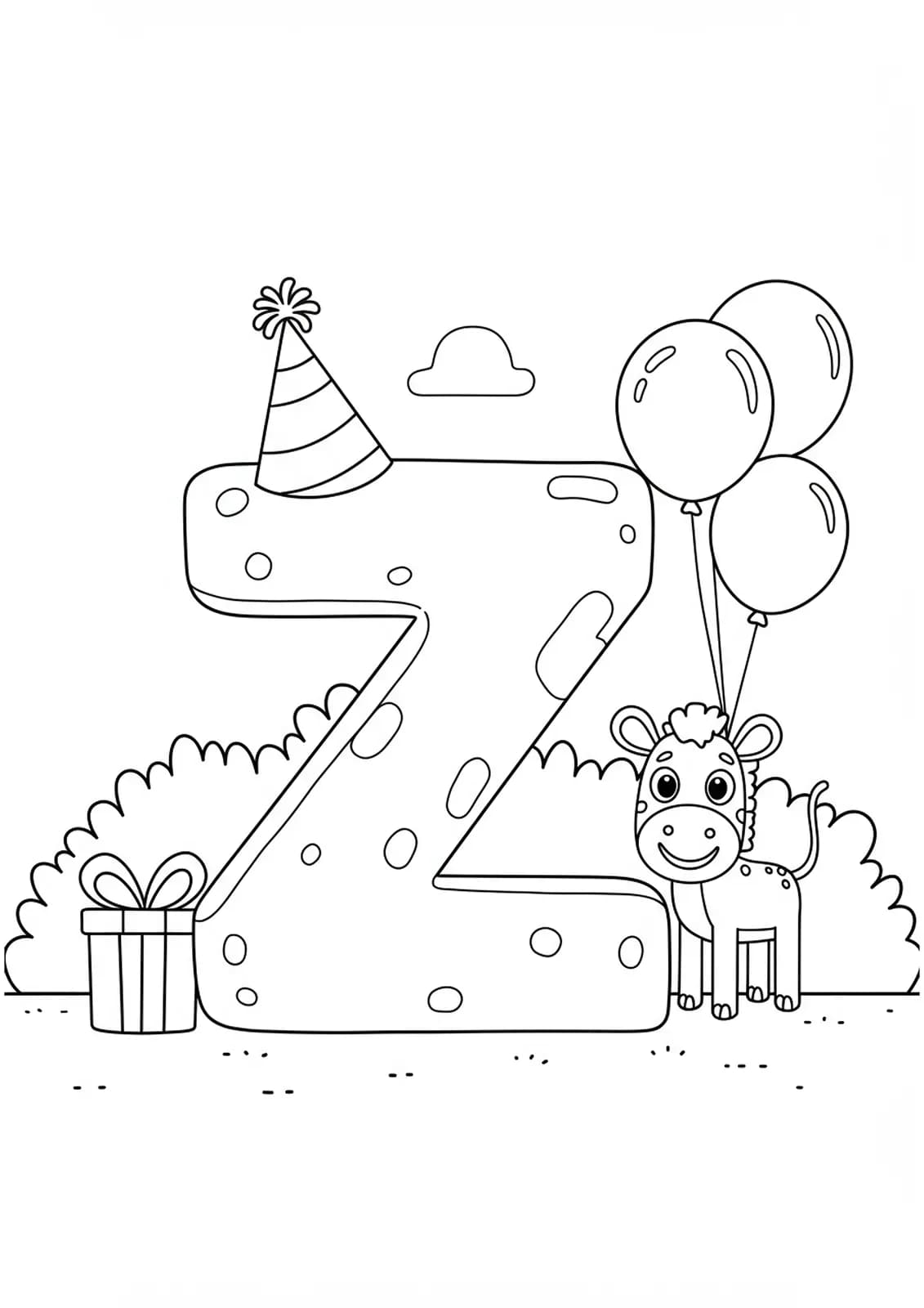 Coloring page with letter Z in a party hat, balloons, and a smiling zoo animal.