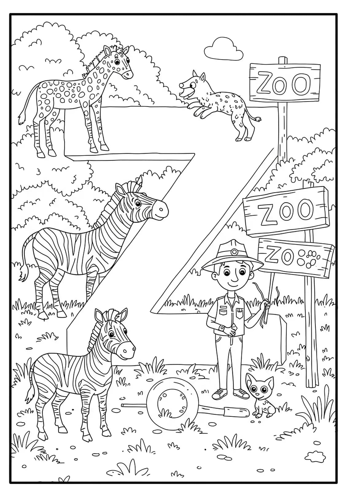 A medium detail coloring page with a large letter Z, zebras, a zookeeper, and zoo scenery for elementary kids.