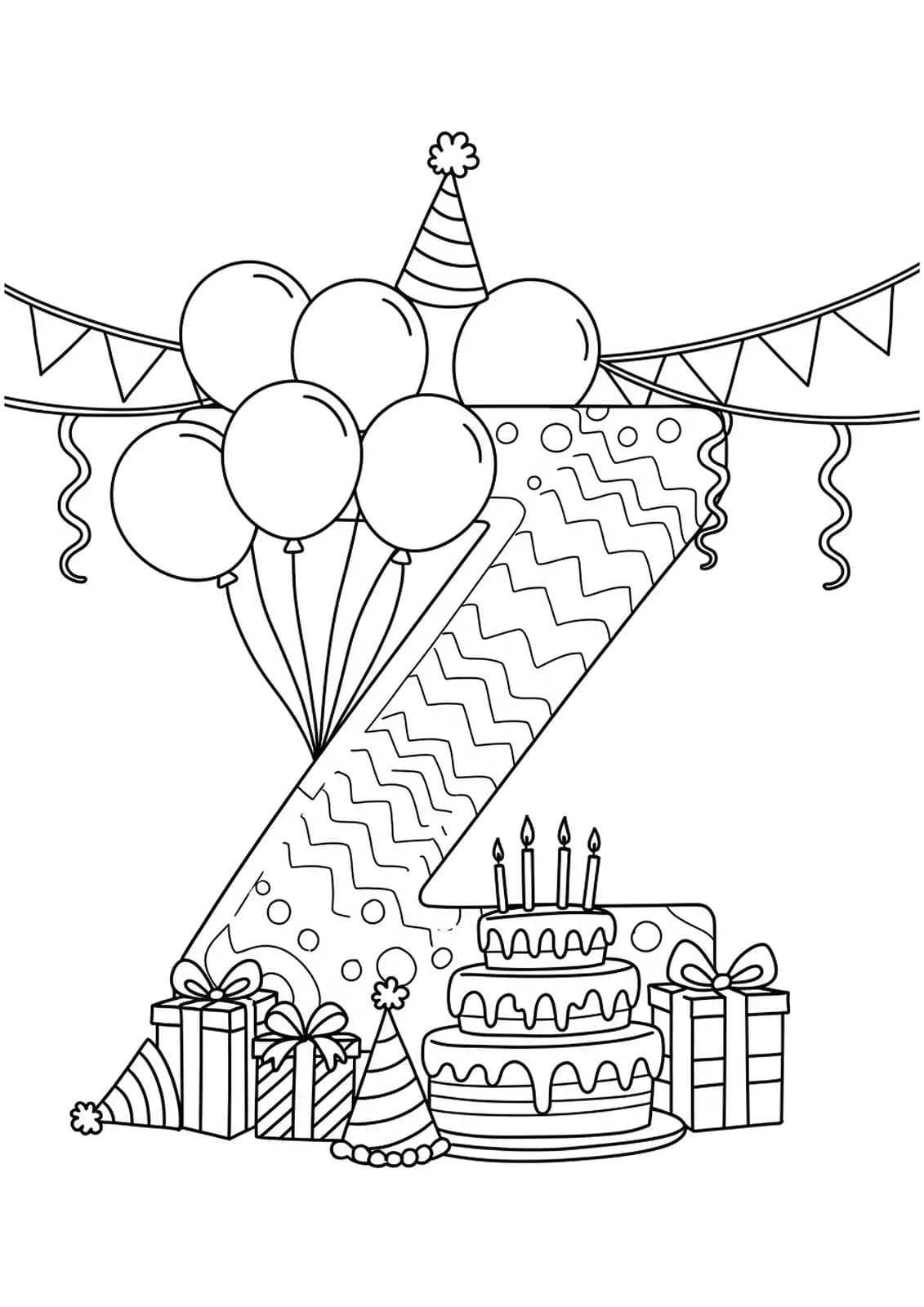 Letter Z with balloons, streamers, cake, and presents, birthday and party themed coloring page for kids.