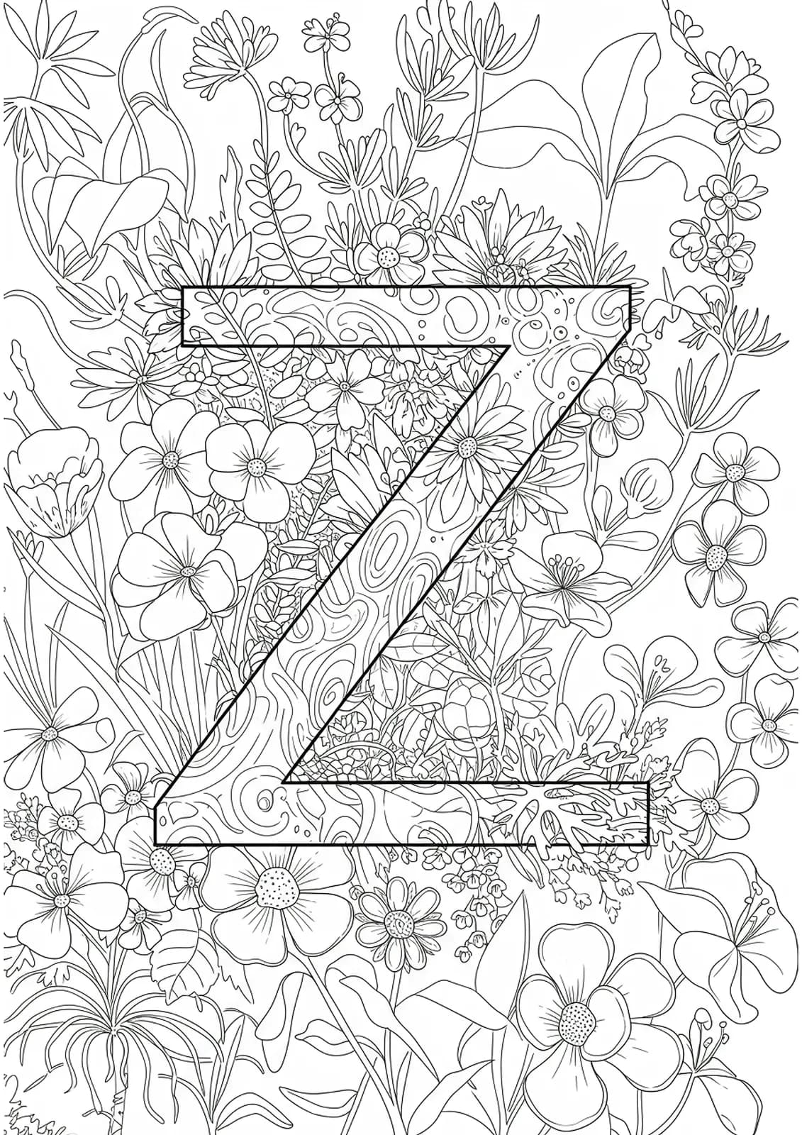 Coloring page with the letter Z surrounded by detailed botanical garden plants and flowers for teens