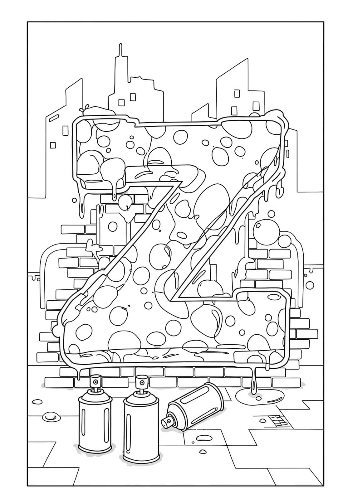 Coloring page of the letter Z in a graffiti style with cityscape background for teens