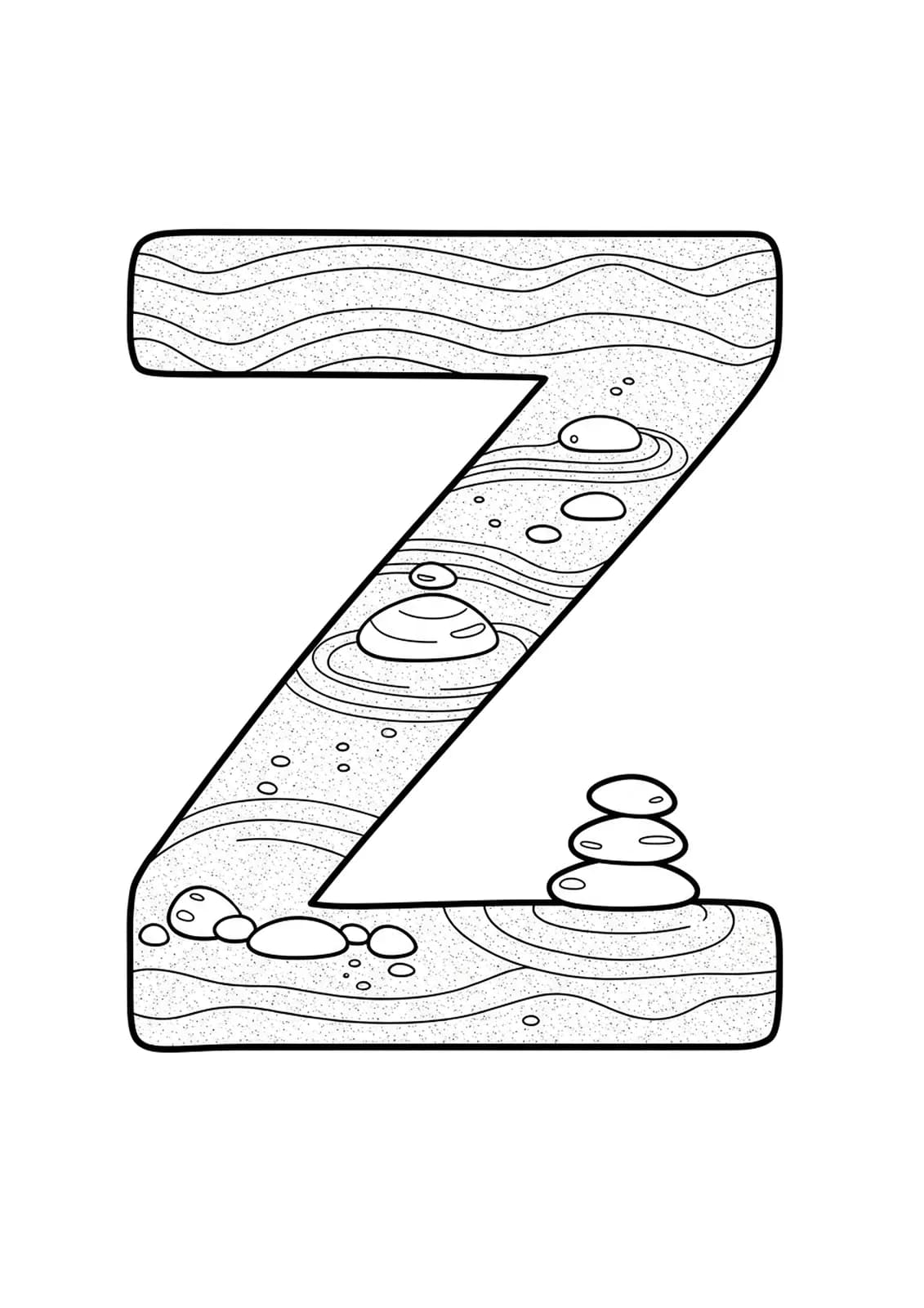 Easy coloring page showing the letter Z with Zen garden lines and simple stones.