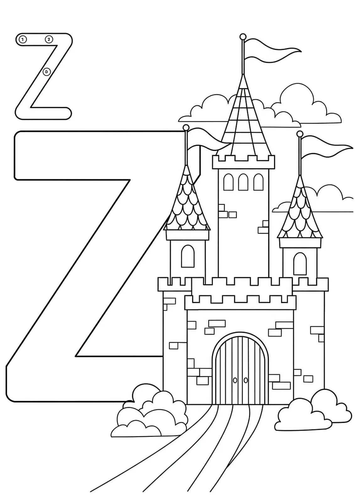 Letter Z coloring page with a fairy tale castle, flags, and clouds, easy for elementary students.