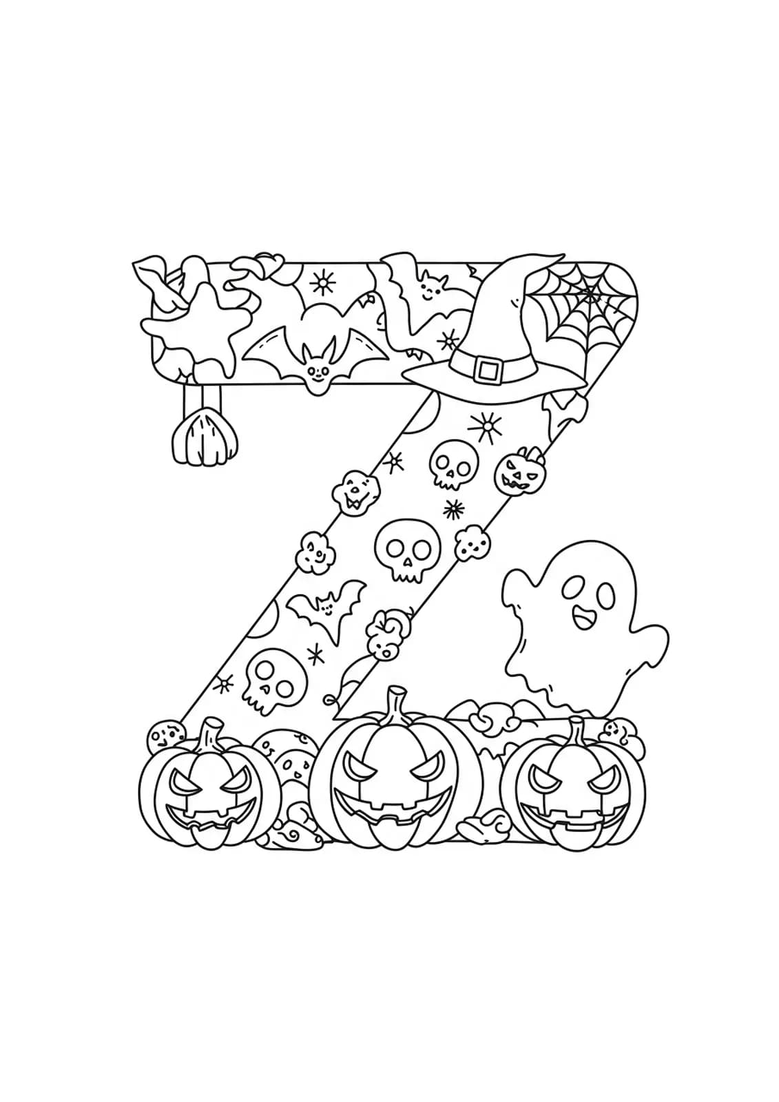 Letter Z Halloween coloring page with pumpkins, bats, and a friendly ghost, easy for elementary kids.