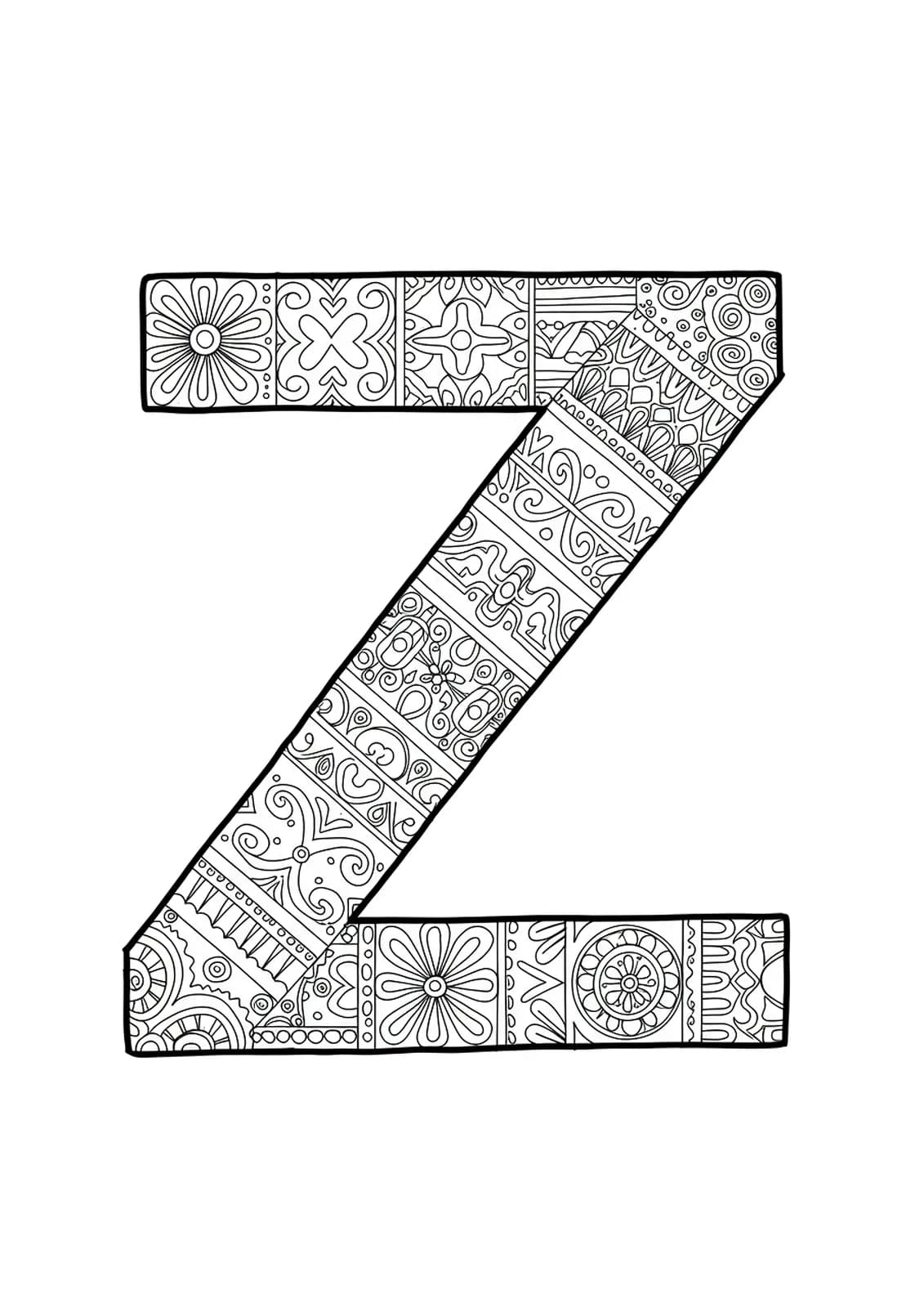 Letter Z decorated with intricate global folk art patterns representing various cultures.