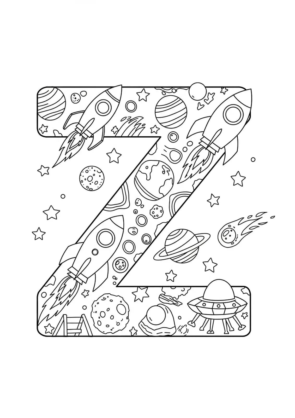 Letter Z with planets, rockets, and stars, space-themed coloring page for elementary students.