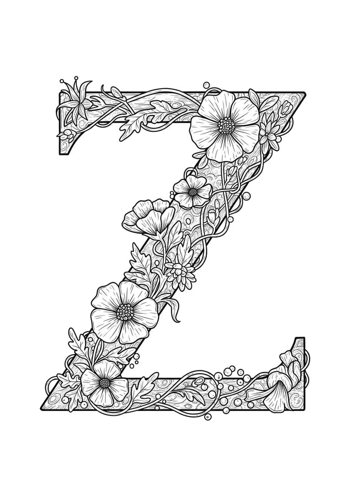 Letter Z woven with vintage botanical elements, including intricate flowers and foliage.