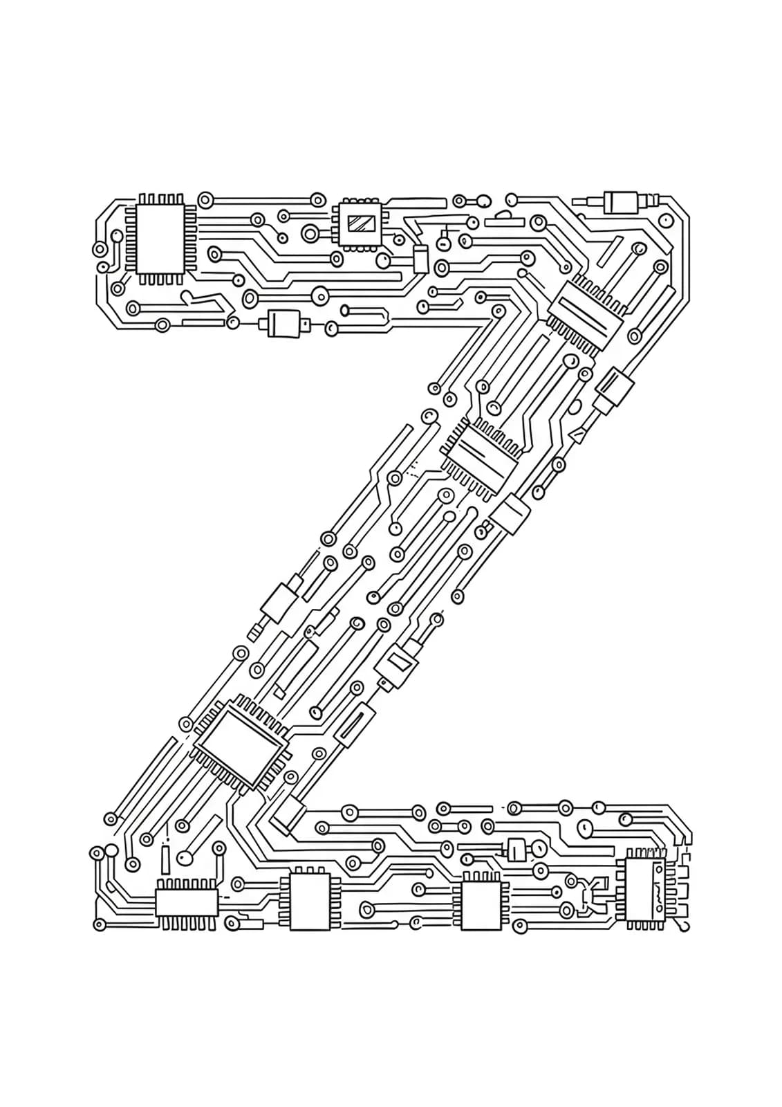 Minimalist tech circuit coloring page with the letter Z made from circuit lines and chips for teens