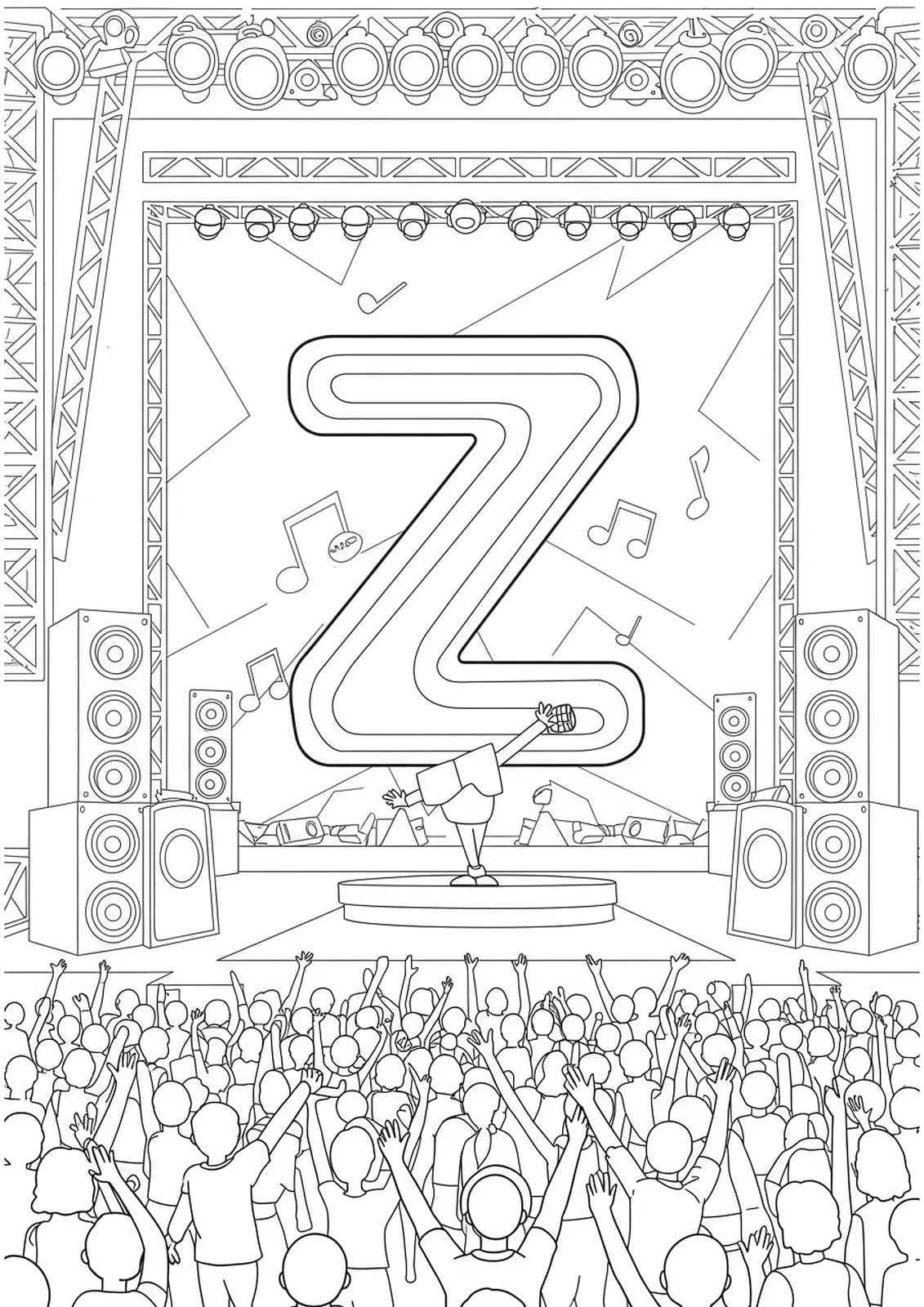 Coloring page with the letter Z on a concert stage, musical notes, and festival crowd for teens