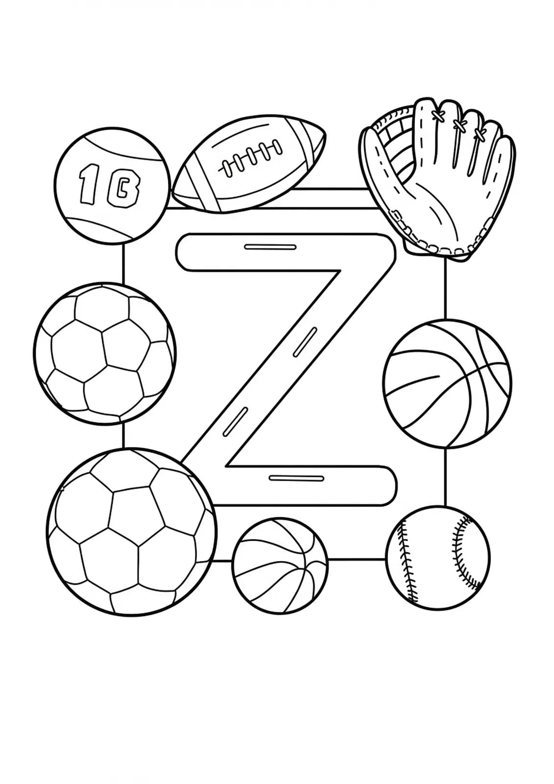 Letter Z coloring page with soccer ball, basketball, and baseball glove, designed for easy coloring by elementary kids.