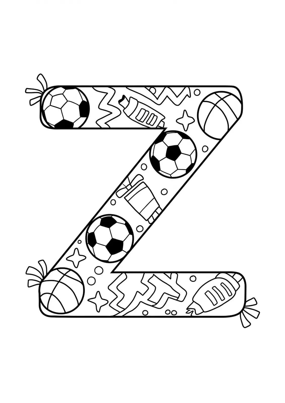 Letter Z with sports balls, equipment, and ribbons, sports themed coloring page for elementary students.