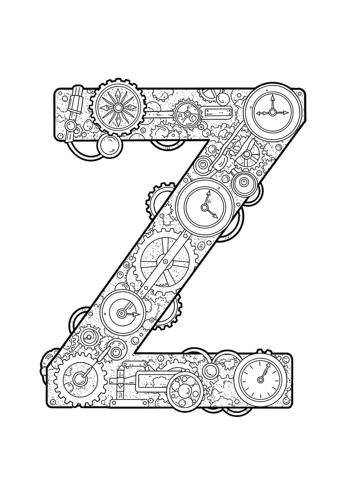 Steampunk coloring page with letter Z covered in gears, cogs, and vintage clockwork for teens