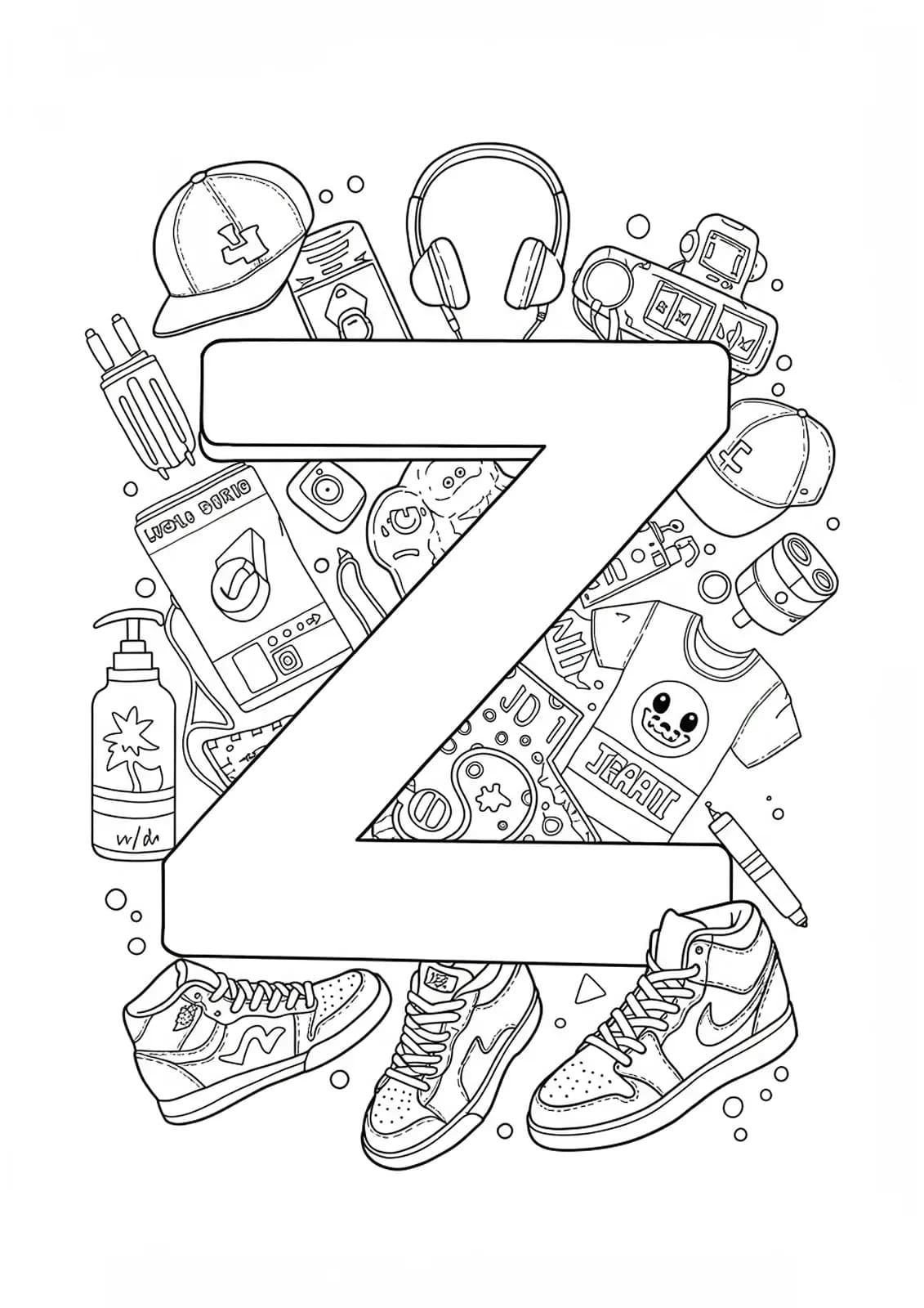 Coloring page featuring the letter Z with street fashion items such as sneakers and headphones for teens