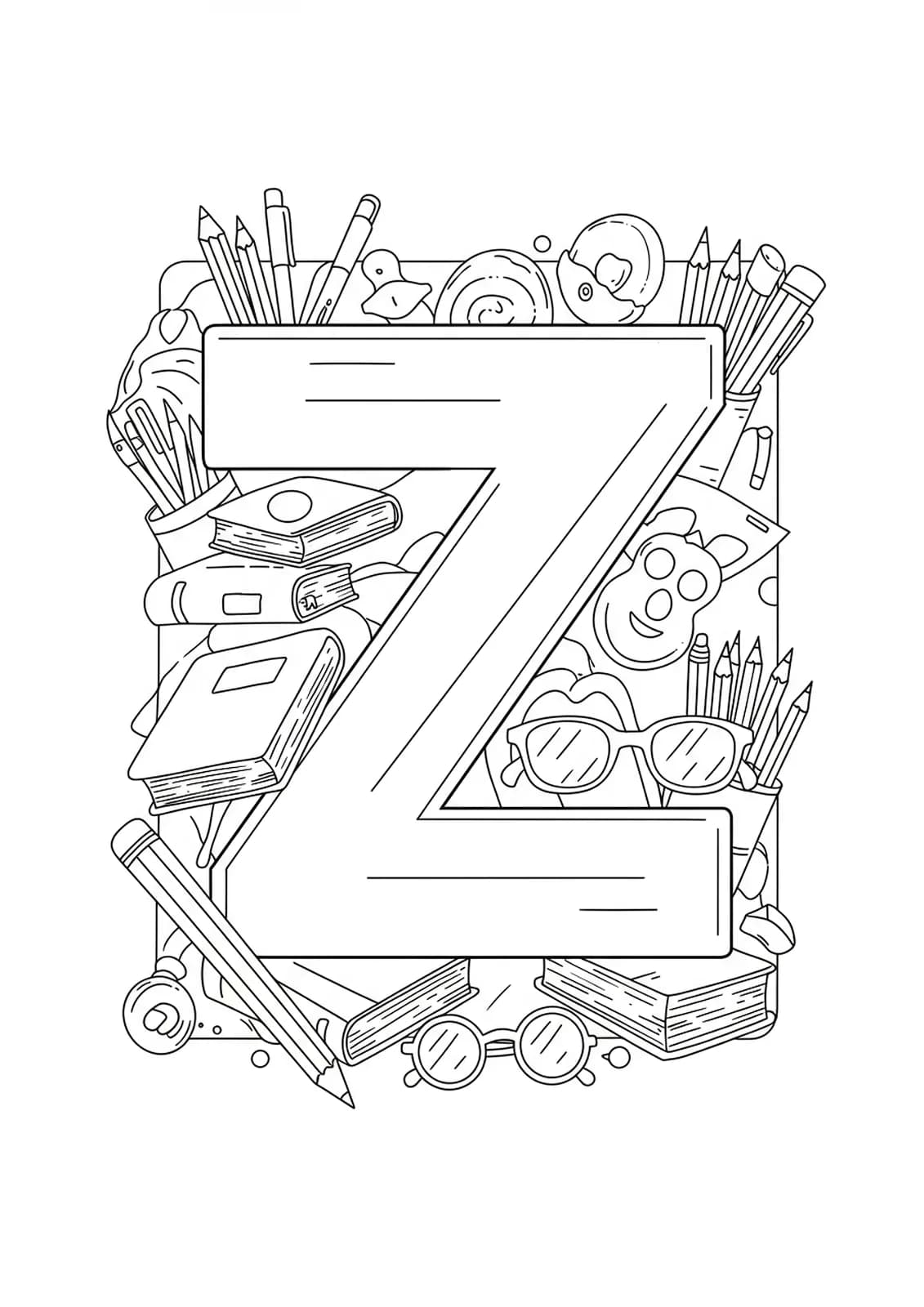 Letter Z with books, pencils, and a pair of glasses outlined around it