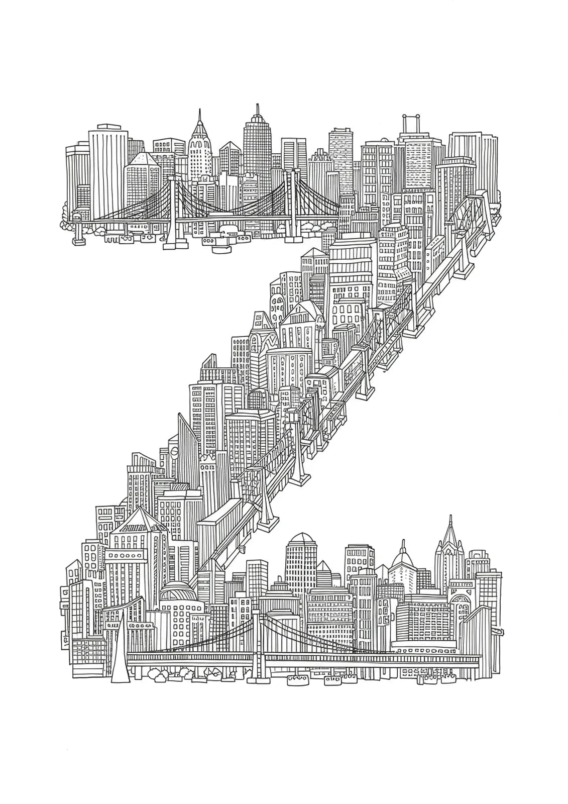 Letter Z amidst detailed cityscape architecture, including skyscrapers, bridges, and urban features.