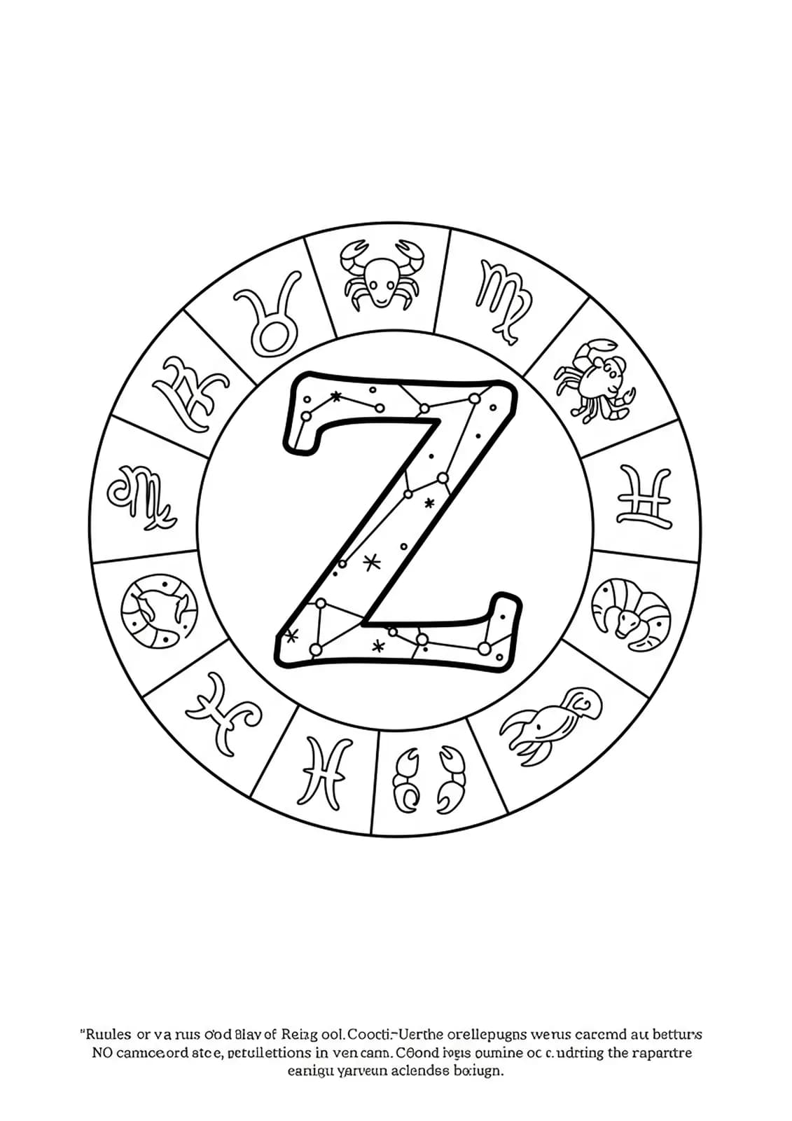 Letter Z encircled by basic zodiac sign symbols with thick, easy outlines.