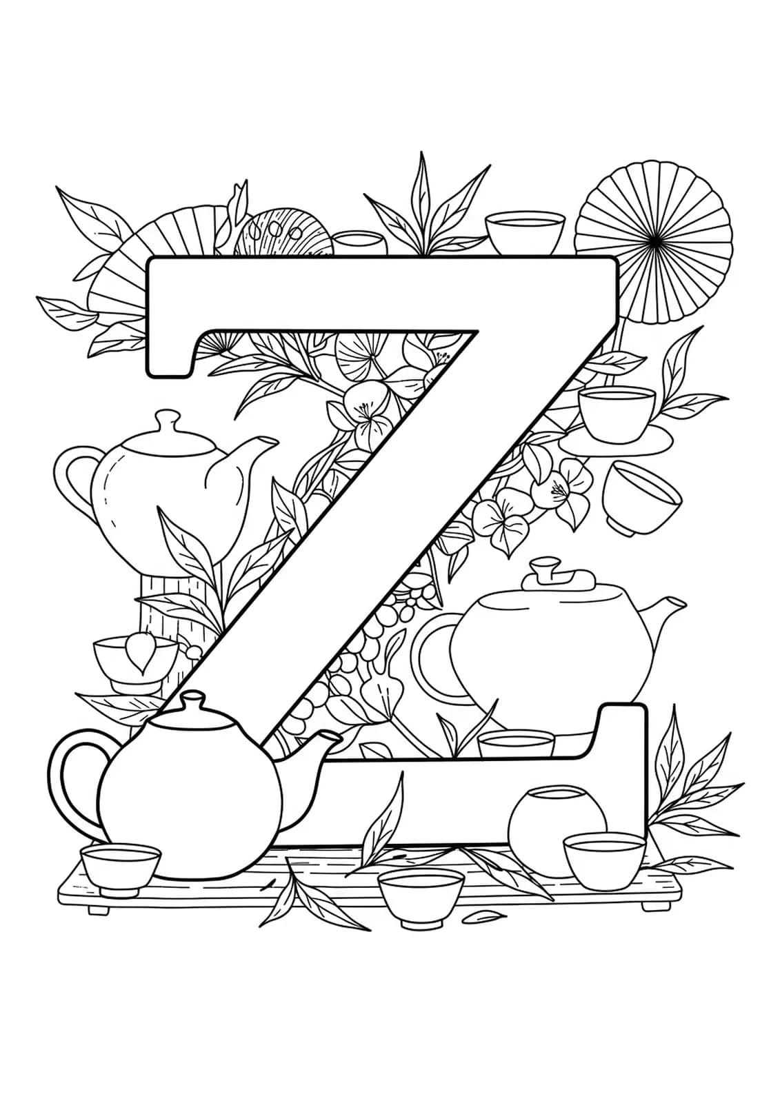 Letter Z with easy outlines of teapots, cups, and leaves in a Zen tea ceremony design.