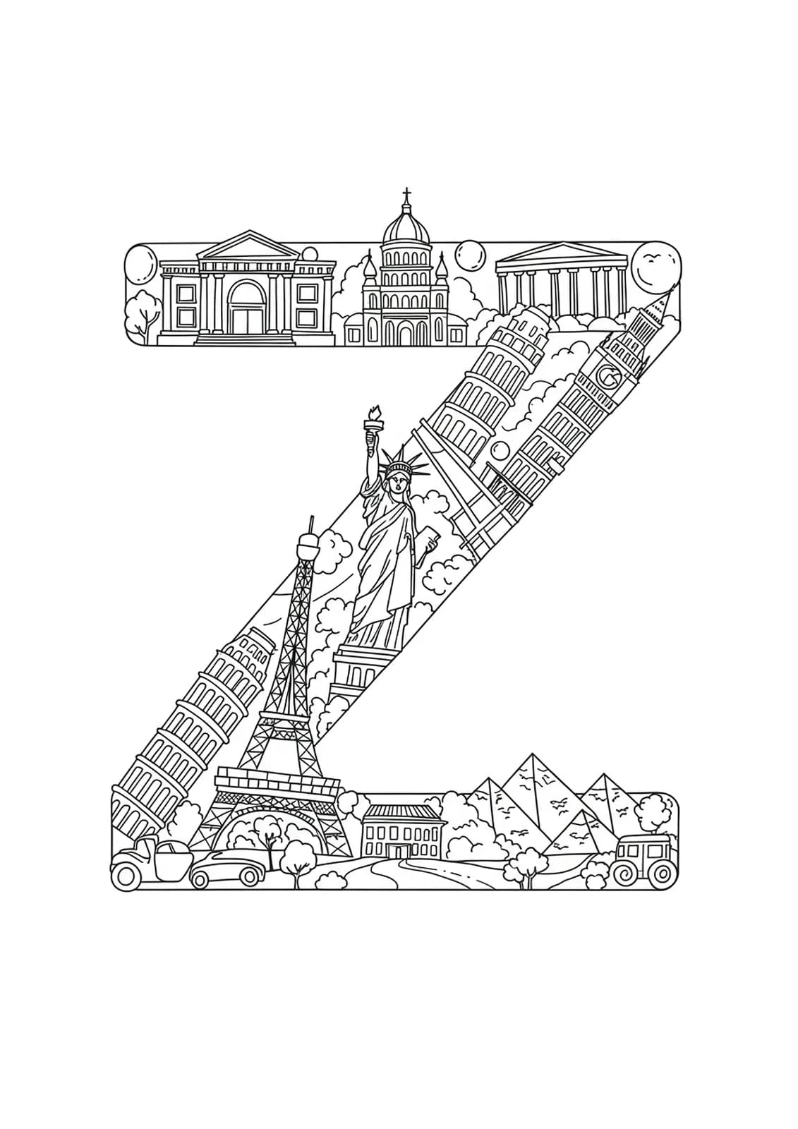 Coloring page featuring the letter Z with outlines of world landmarks such as Eiffel Tower for teens