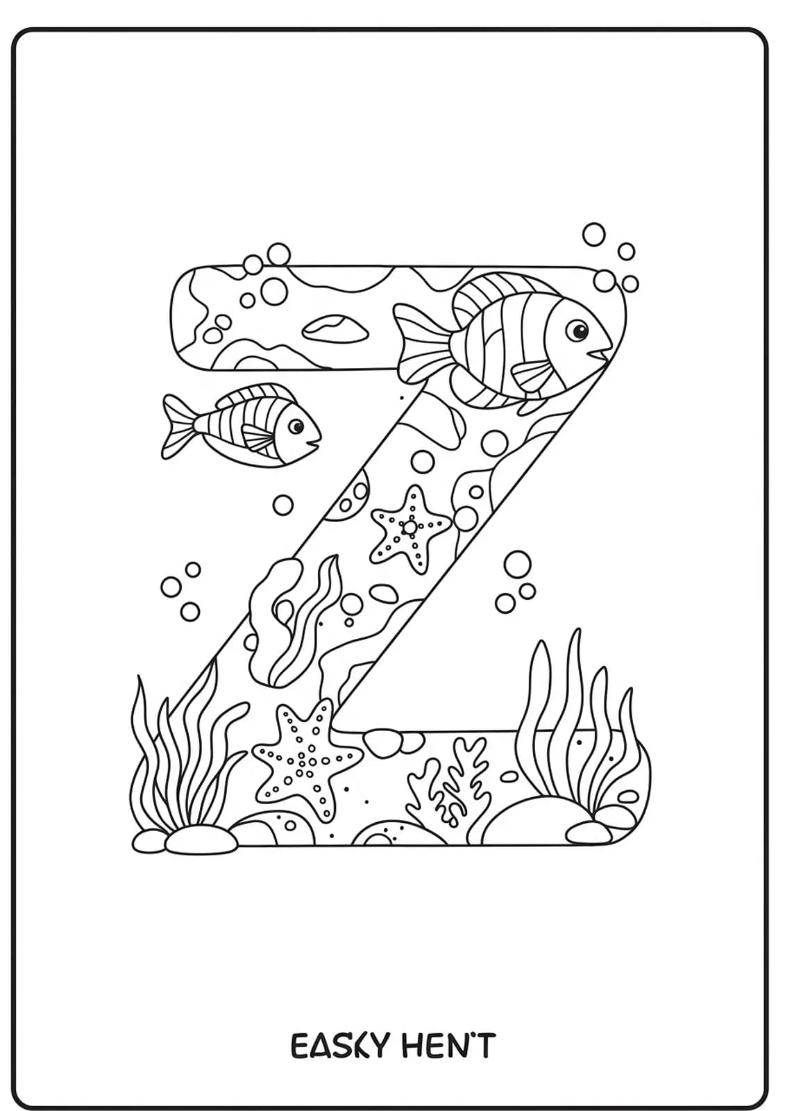 Letter Z coloring page with fish, starfish, and seaweed under the sea, suitable for elementary children.