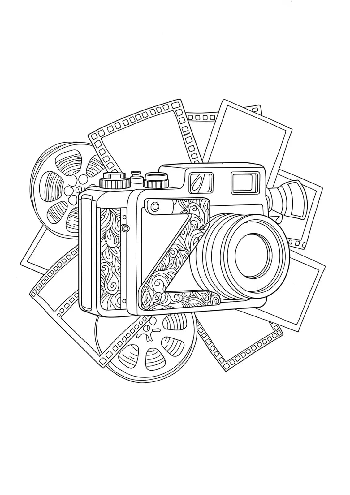 Coloring page featuring the letter Z blended into a vintage camera with photography elements for teens