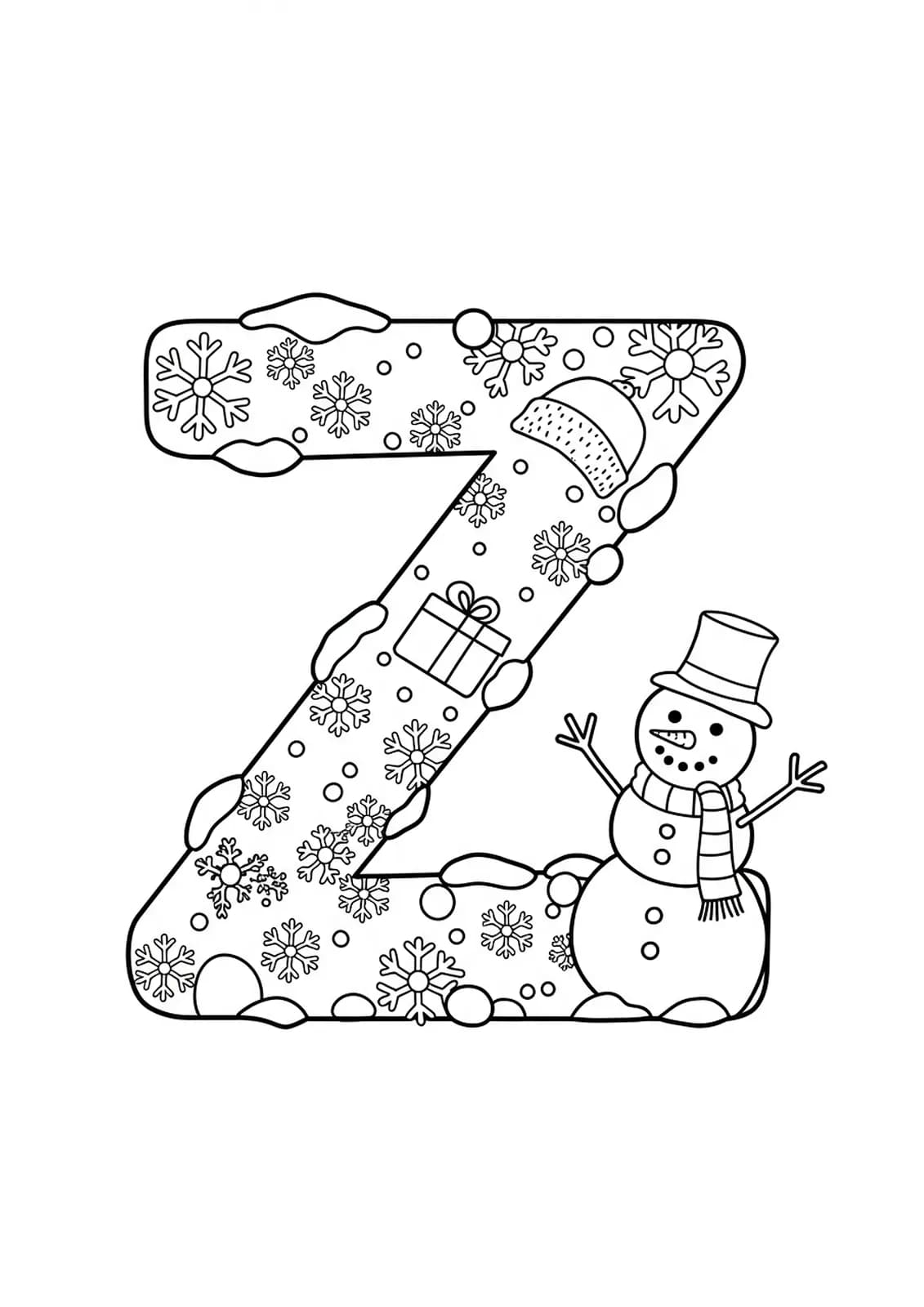Letter Z coloring page with snowflakes, a hat, and a snowman, easy for elementary children.