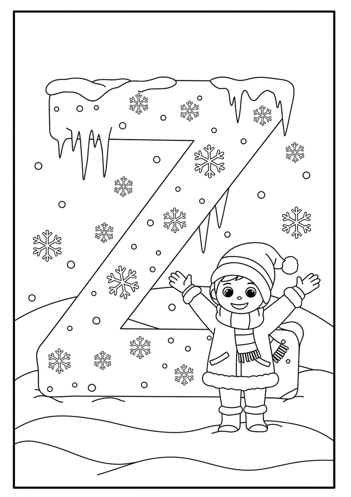 Letter Z with icicles, snowflakes, and a bundled-up child, winter themed coloring page for kids.