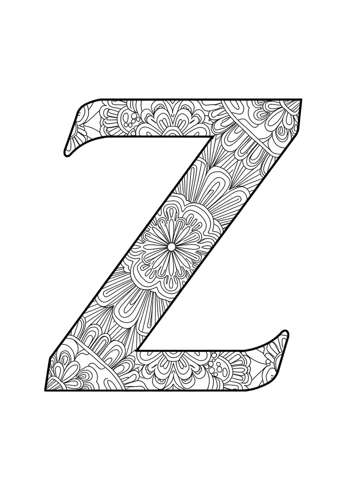 Letter Z surrounded by geometric Art Deco designs for coloring.