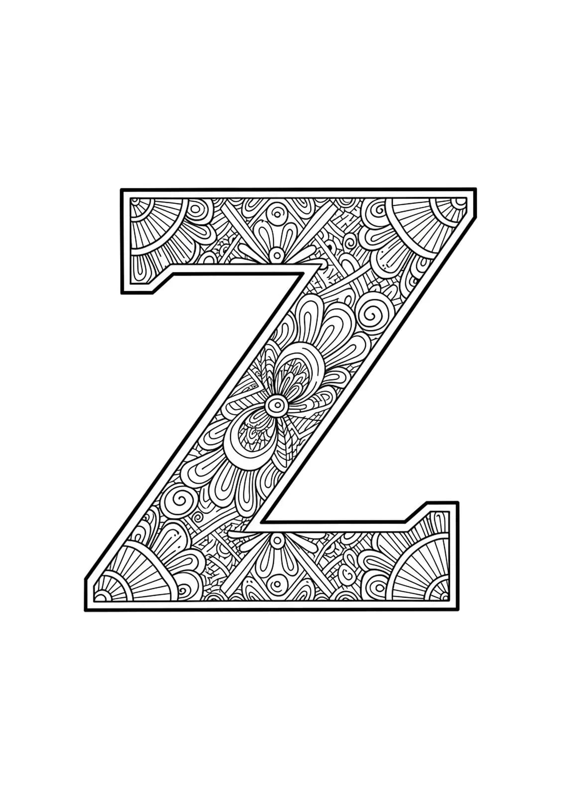 Letter Z adorned with elaborate Art Deco patterns and geometric shapes for adult coloring.