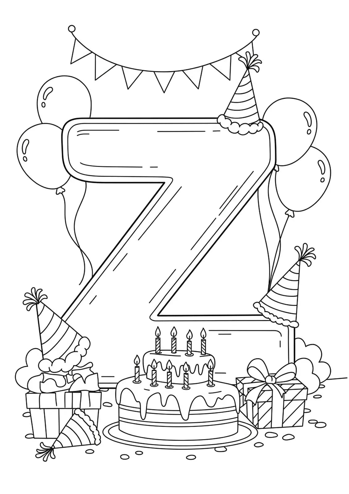Large letter Z with birthday cake, balloons, and party hats, black and white coloring page.