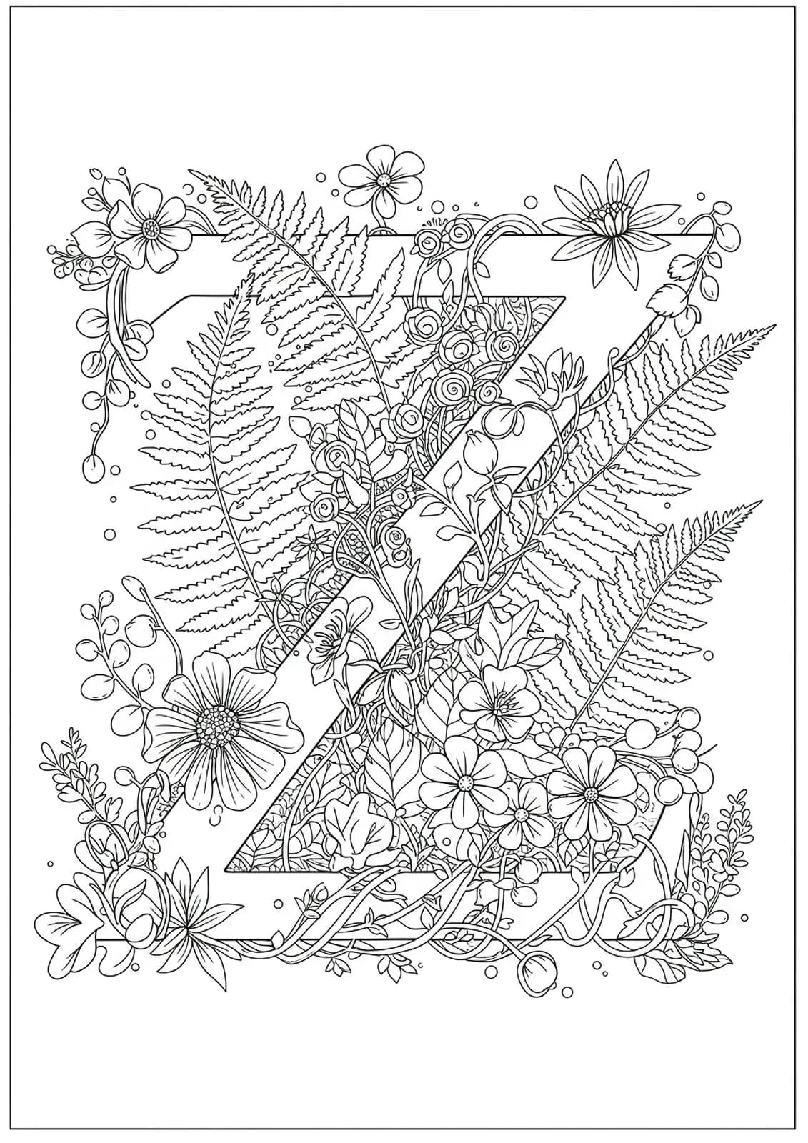 Letter Z entwined with detailed botanical plants and flowers for coloring.