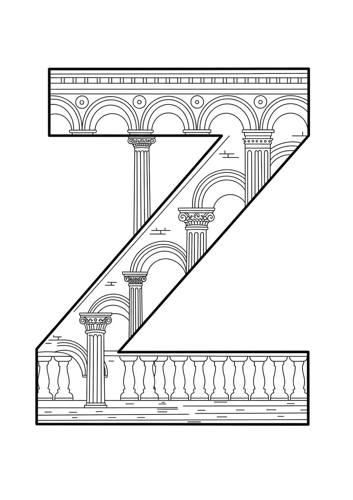 Letter Z enhanced with basic classical architecture columns and arches.
