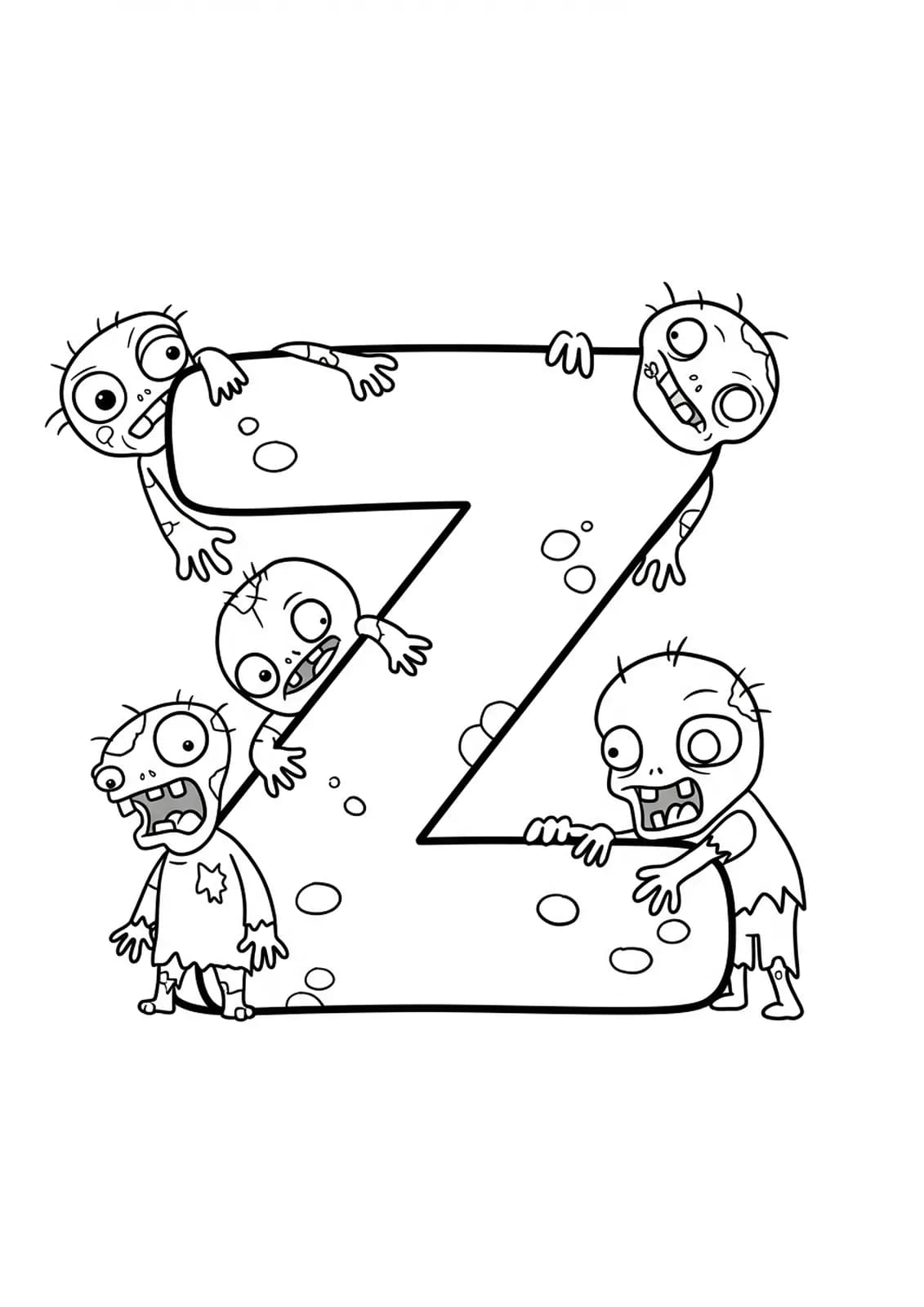 Big letter Z with silly, friendly zombies around it, black and white line art for coloring.
